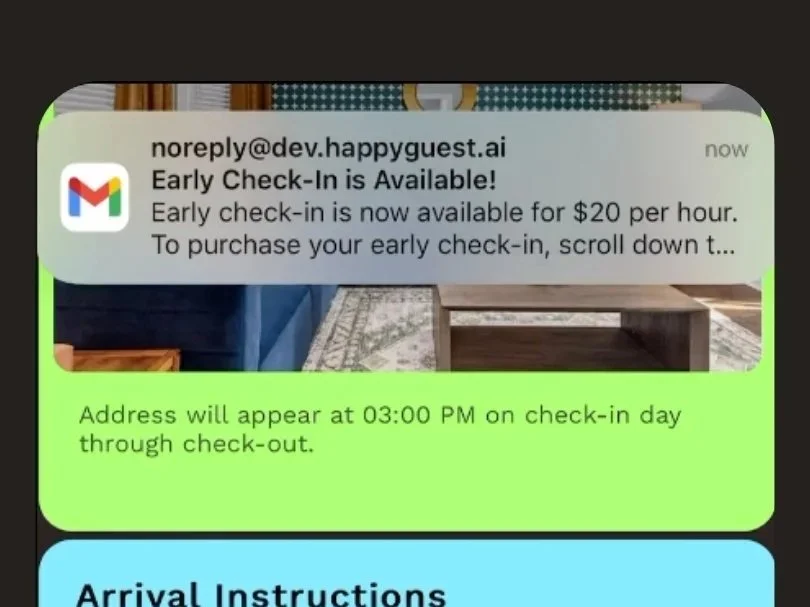 Screenshot of a message notification about early check-in availability for a hotel, with a green background section displaying check-in time information and a partial view of a room with a wooden table and rug.
