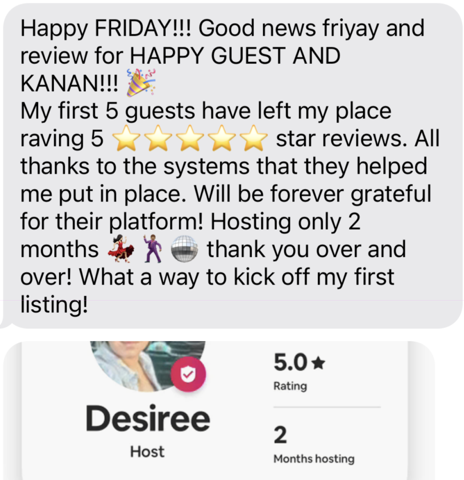 Screenshot of a celebratory message about hosting a platform. The message celebrates five guests leaving five-star reviews. Emoji include a party popper, stars, a dance couple, a globe, and a checkmark, along with a five-star rating for Desiree, a host with two months of hosting experience.