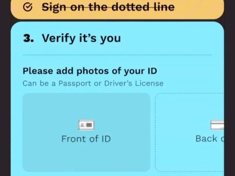 Screen displaying instructions to add photos of ID, including front and back of passport or driver's license, with a step to verify identity.