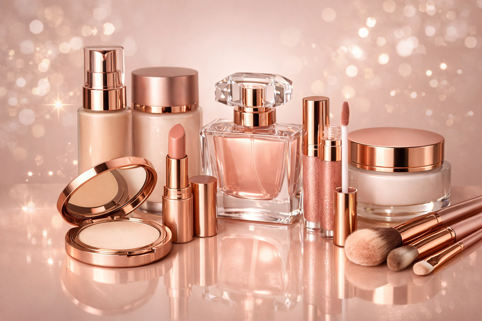 Various makeup and beauty products, including foundation, lipstick, perfume, powders, and brushes, with a pink and rose gold color scheme on a reflective surface.