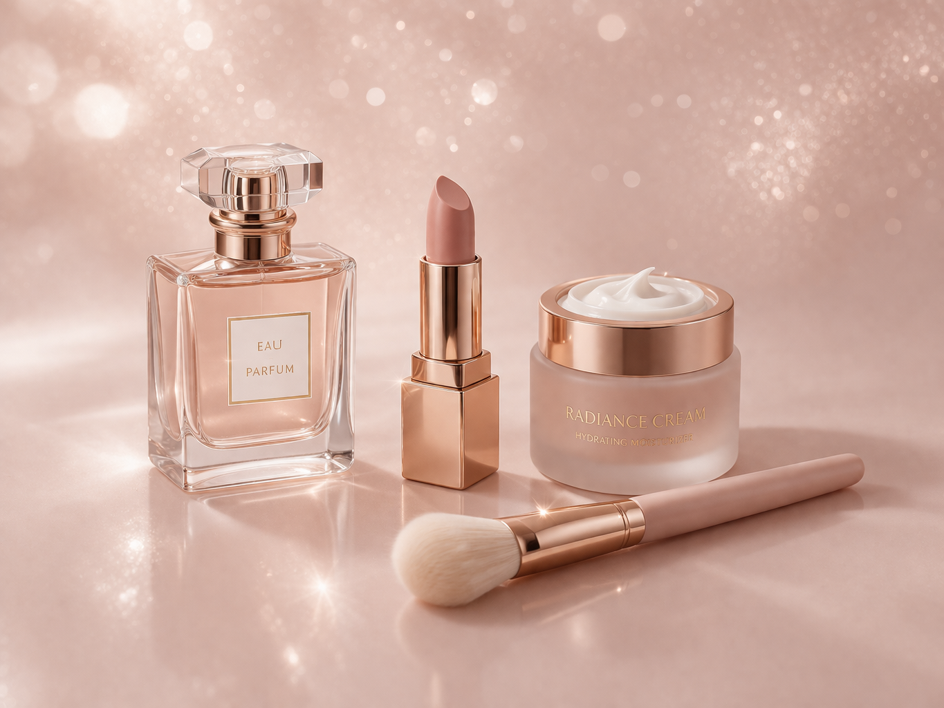 Arrangement of skincare and makeup products including a perfume bottle, lipstick, moisturizer, and makeup brush on a soft pink background with light bokeh effects.