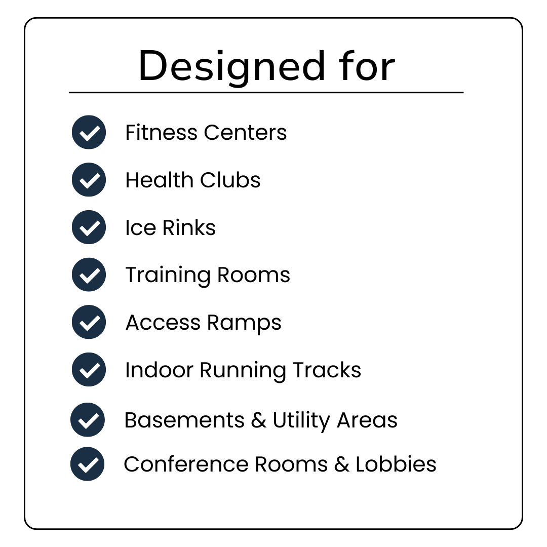 A list of amenities designed for fitness and health facilities, including fitness centers, health clubs, ice rinks, training rooms, access ramps, indoor running tracks, basements and utility areas, and conference rooms and lobbies.