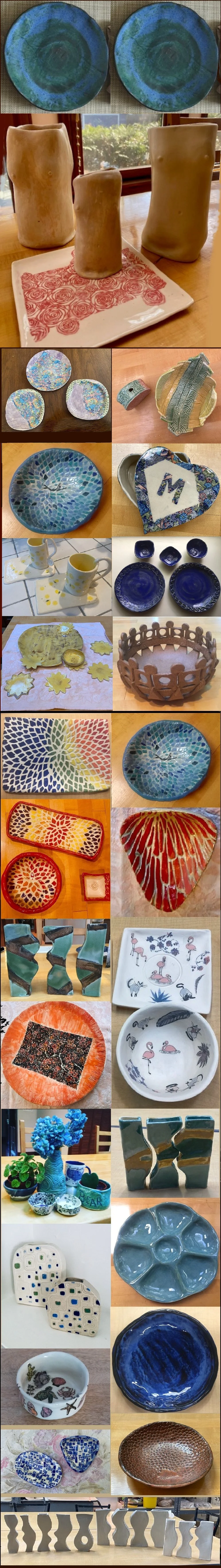 Collection of handcrafted pottery and ceramic items including plates, bowls, vases, cups, and decorative objects, many with colorful and mosaic designs.
