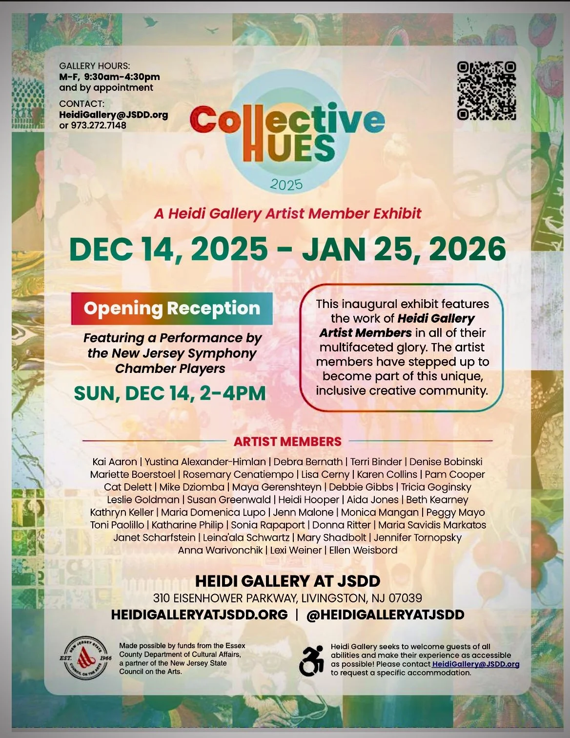A colorful poster advertising the 'Collective HUES 2025' art exhibit, opening on December 14, 2025, at Heidi Gallery in Livingston, New Jersey, with gallery hours from 9:30 am to 4:30 pm. The exhibit runs until January 25, 2026. The poster mentions an opening reception on December 14th from 2 to 4 pm, featuring a performance by the New Jersey Symphony Chamber Players. It lists the artist members and provides contact information and gallery address.