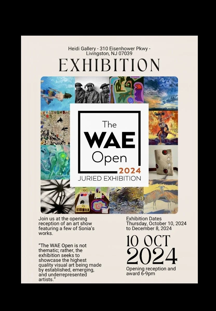 Poster advertising the WAE Open 2024 juried art exhibition at Heidi Gallery in Livingston, NJ. Features colorful artwork images and event details including date, time, and reception info.