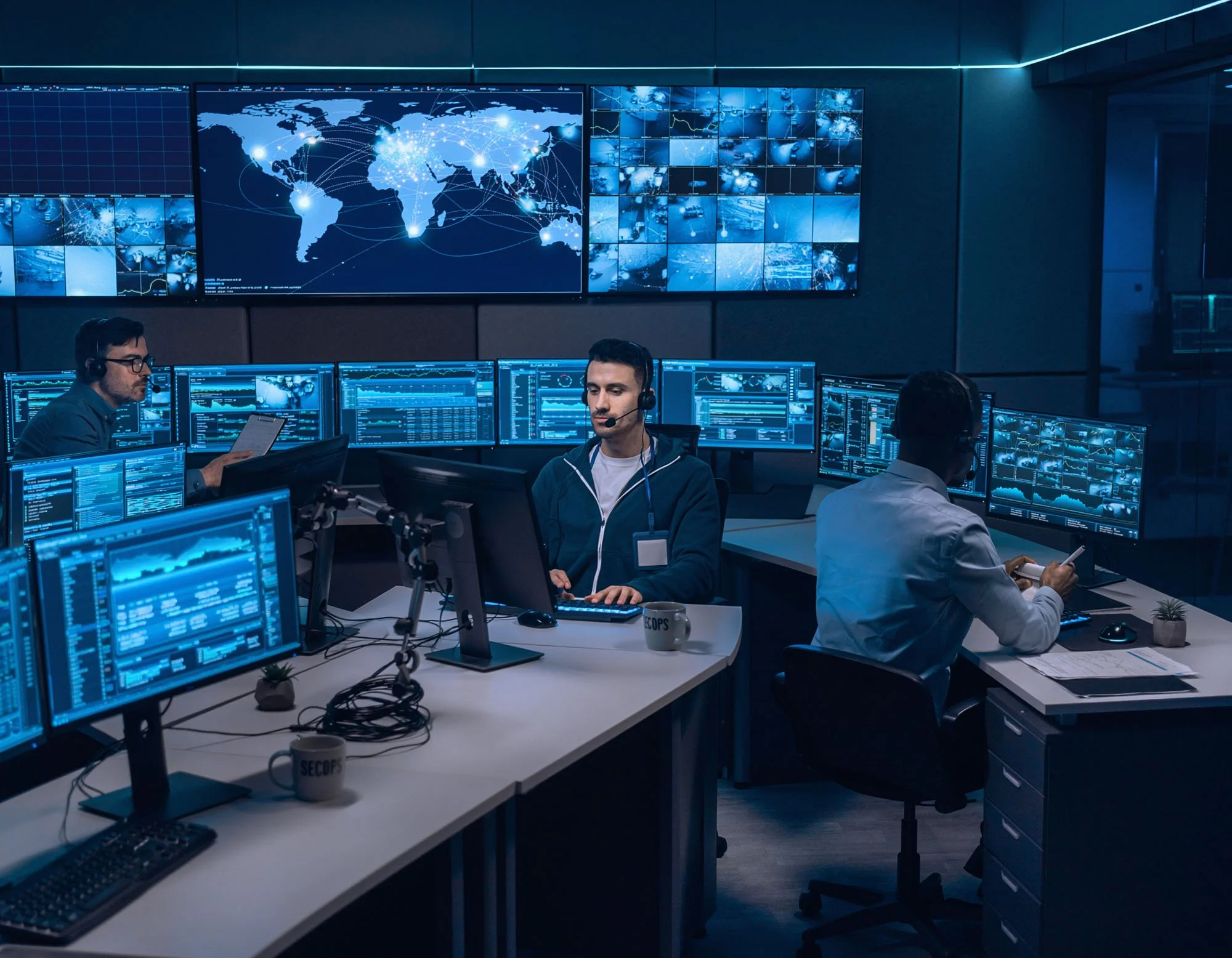 Control room with three people working at multiple monitors, large world map display on the wall showing global communications and data networks.