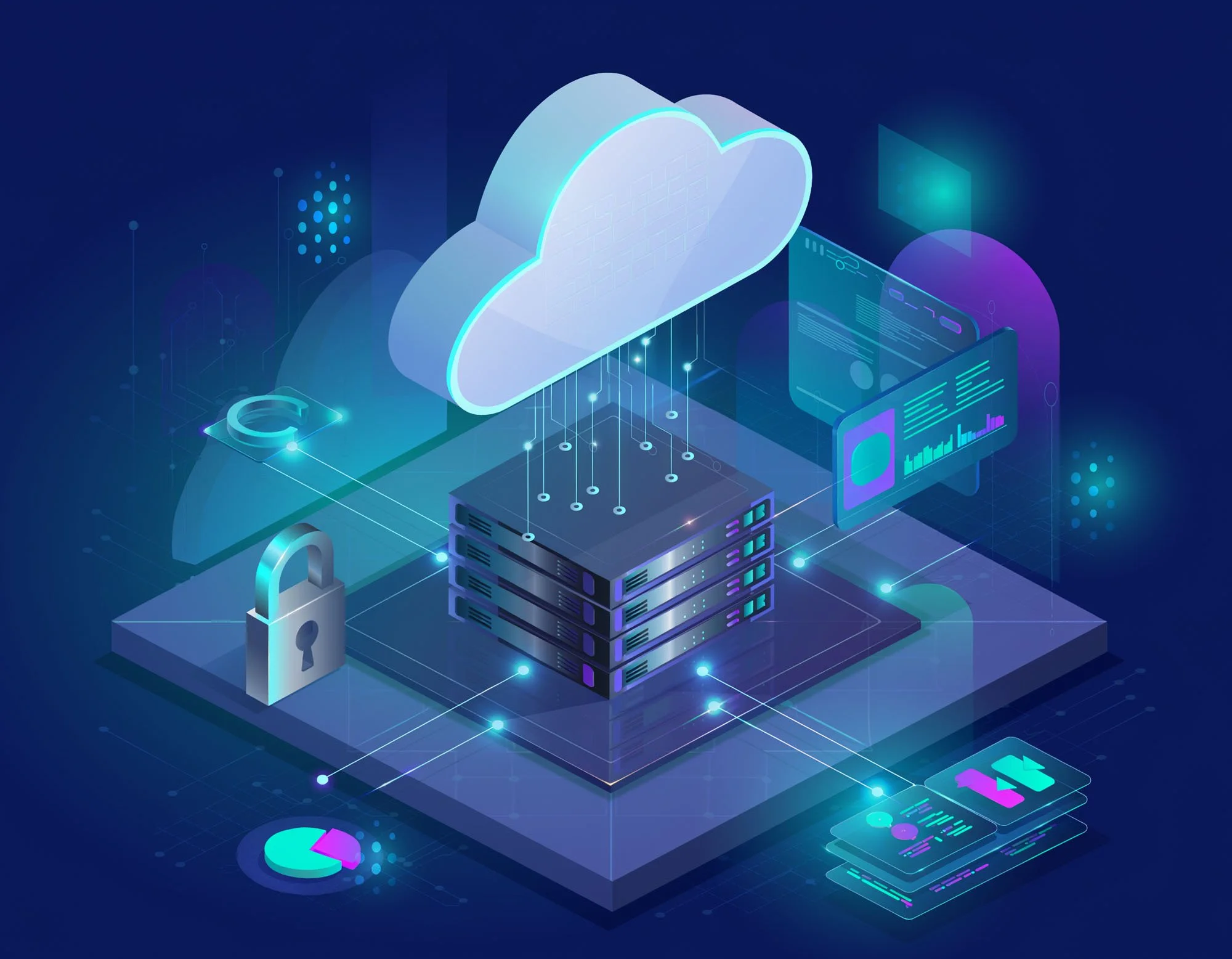 Illustration of cloud computing with a large cloud icon connected to a server rack, digital data charts, security lock, and mobile devices, representing data storage and cybersecurity.