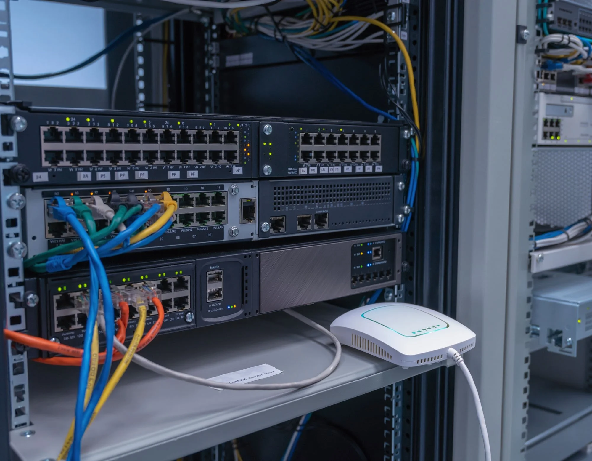 Server rack with networking equipment and colored Ethernet cables, connected to a white device on a shelf.