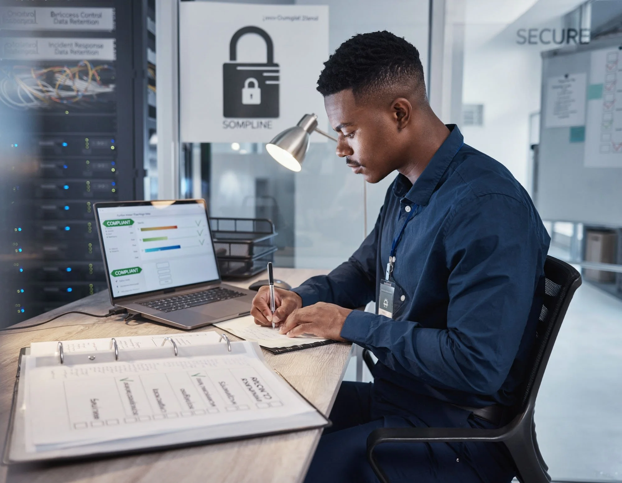 A man working at a desk in a server room, taking notes while looking at a laptop displaying compliance charts, with a security sign on the wall behind him.