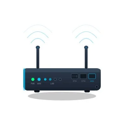 Wireless router with two antennas, LED indicator lights, and Ethernet ports.