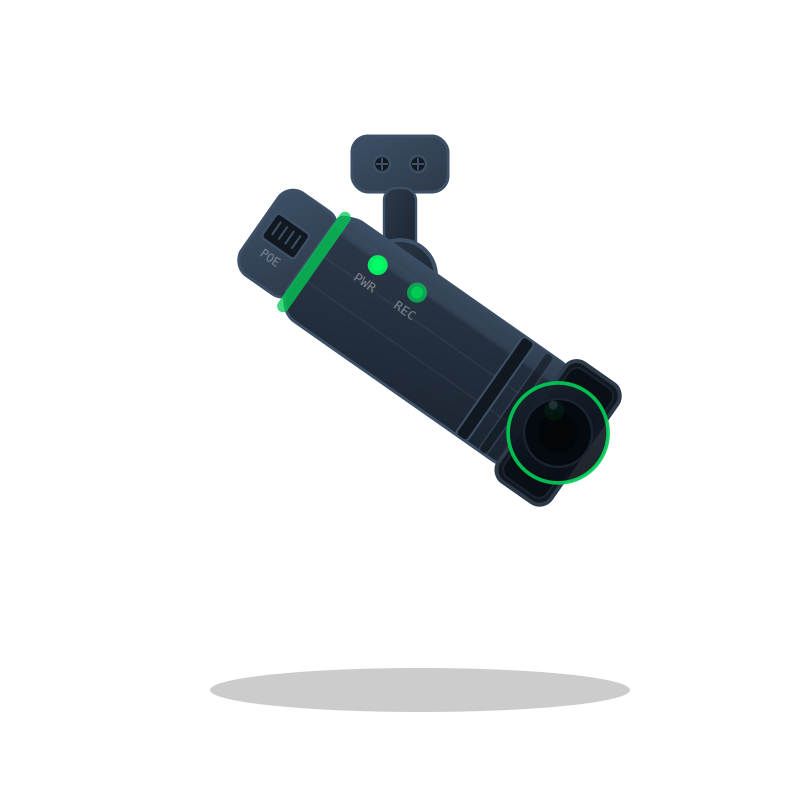 A digital diagram of a network camera with indicators for POE, power, and record, and a rotating lens.