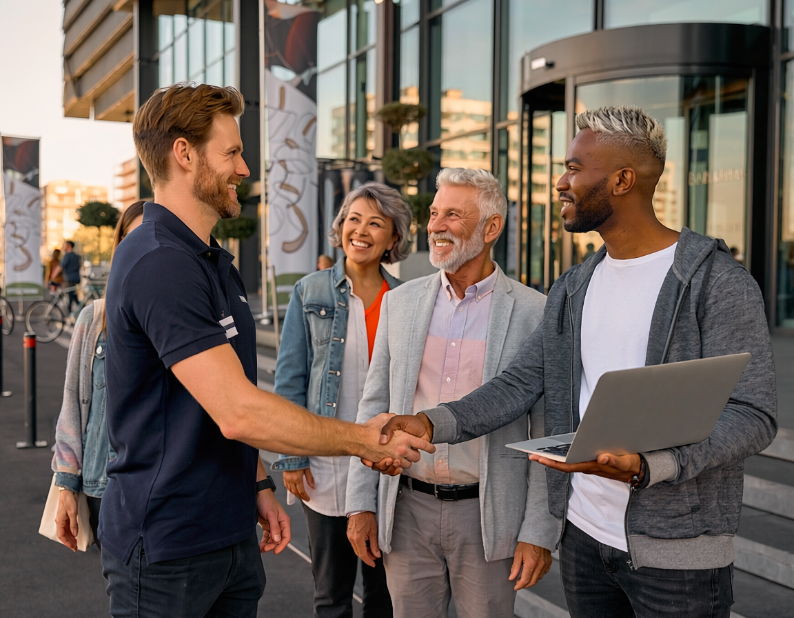 Four people standing outside a modern building, smiling, as one man shakes hands with another, who is holding a laptop.