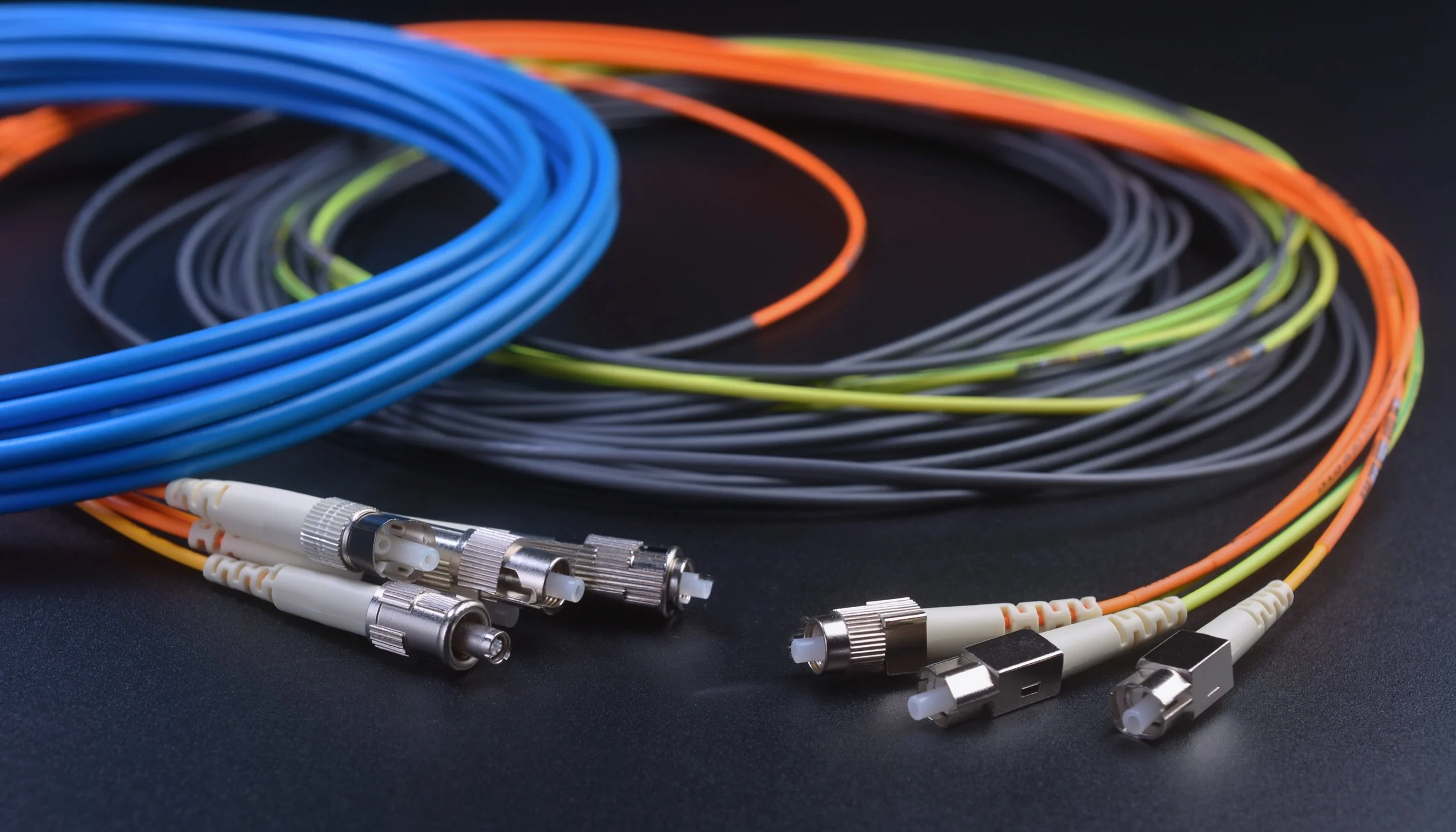 Colorful fiber optic cables with connectors on a black surface.