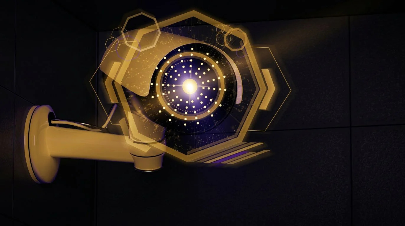 Futuristic digital interface with glowing hexagonal patterns and bright light in a dark room.