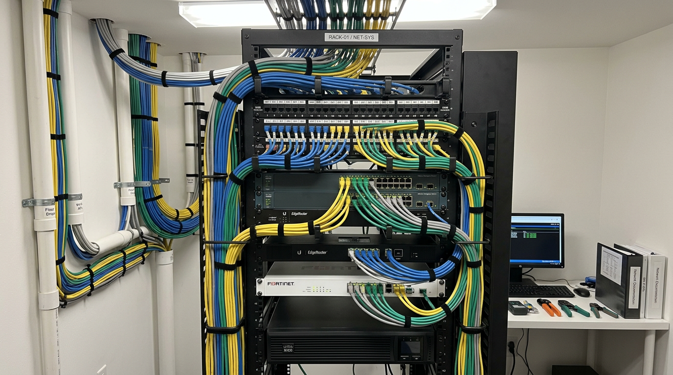 A server rack with multiple network switches and patch panels connected by colorful Ethernet cables. To the right, a small white table with a desktop computer, cables, and organizational binders.