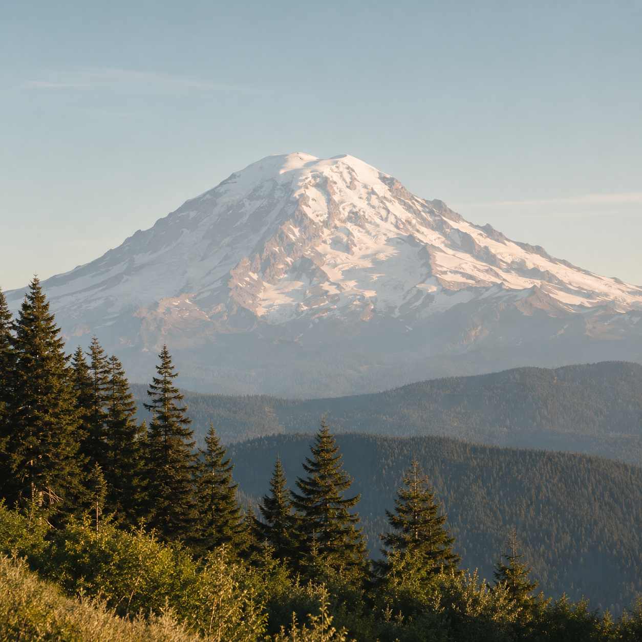Snow-capped mountain in the background with green pine trees in the foreground.