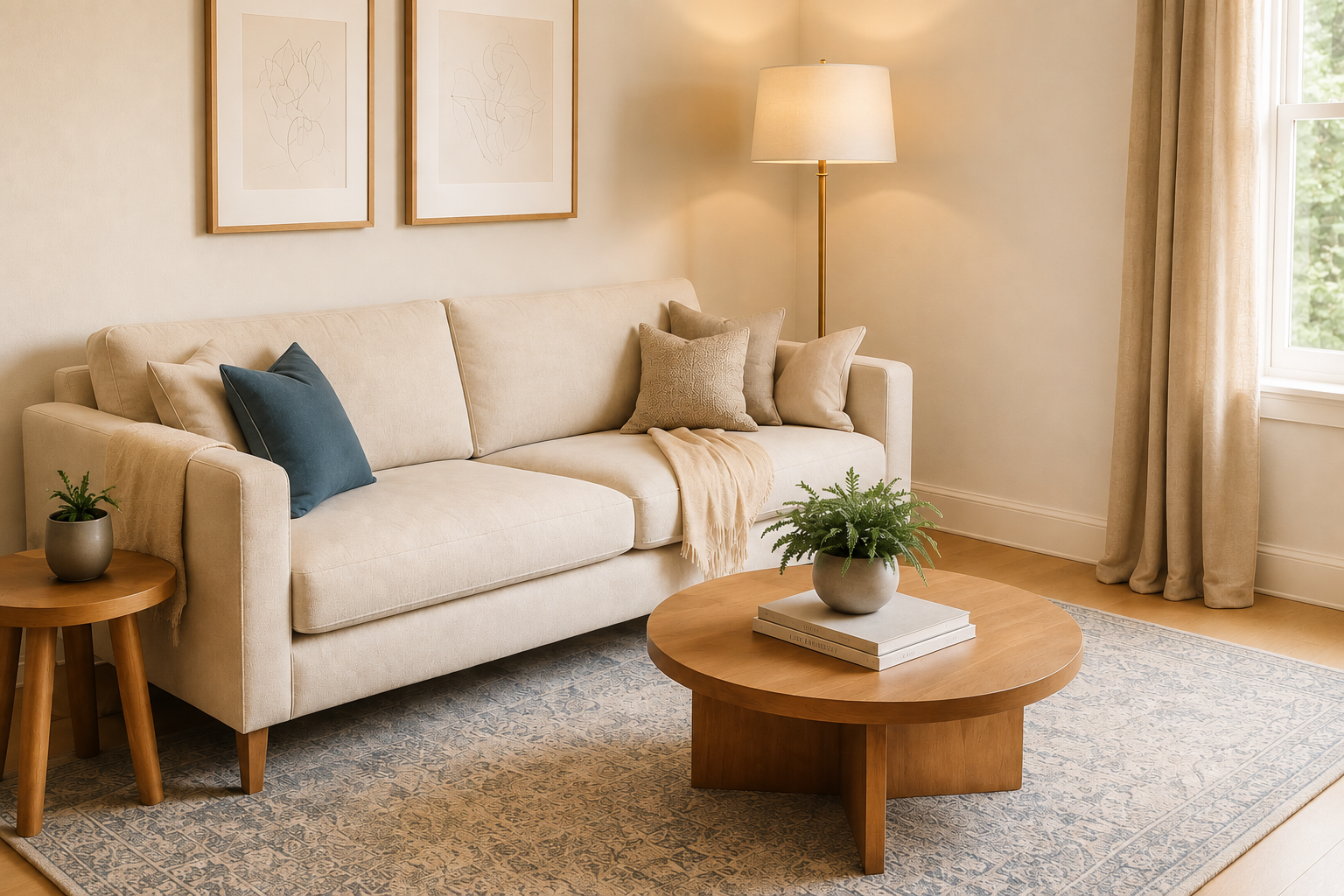 A living room with a beige sofa decorated with beige, taupe, and dark blue pillows, a wooden coffee table with a potted plant and books, a side table with a small potted plant, a floor lamp, framed art on the wall, and a window with curtains letting in natural light.