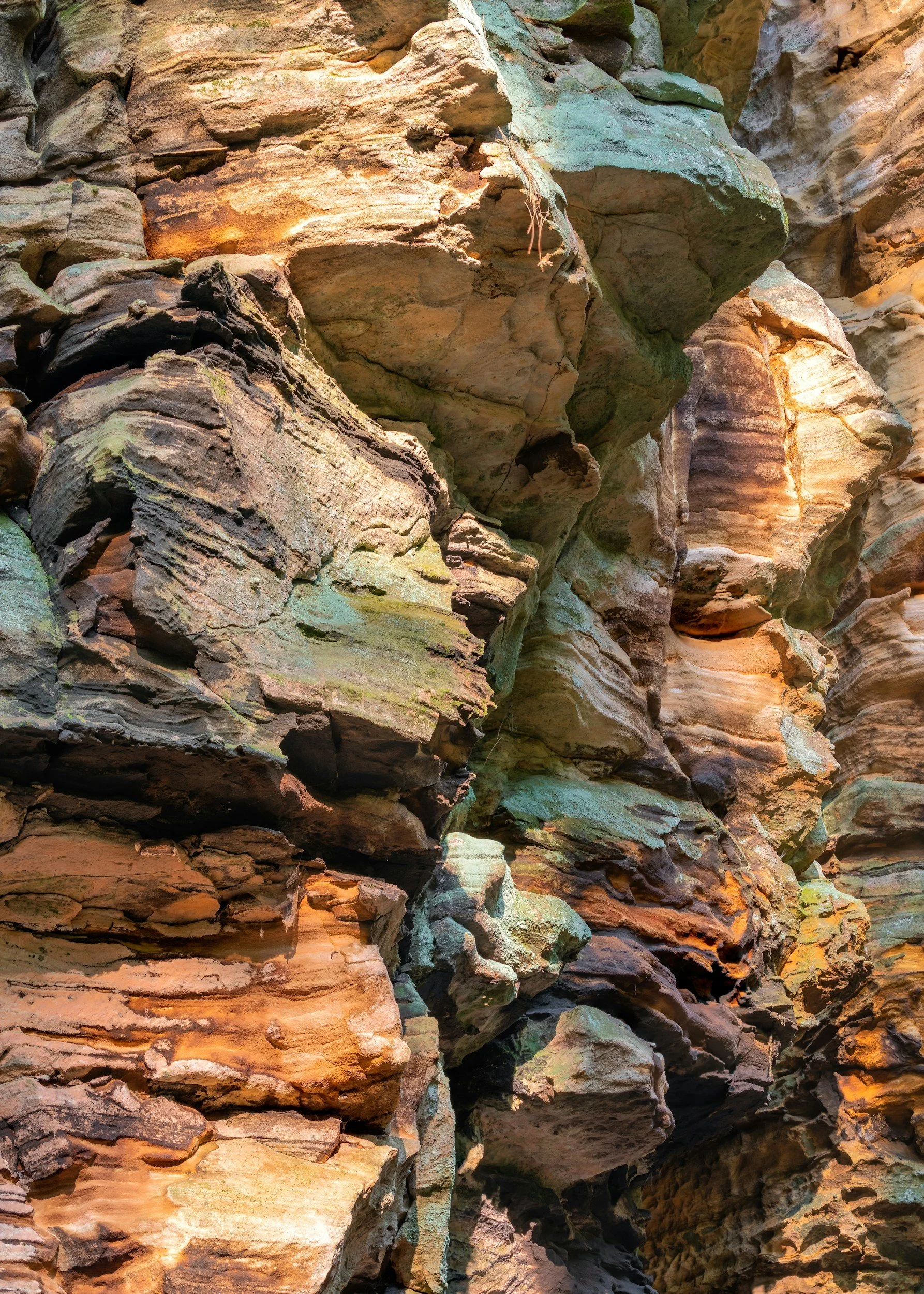 Close-up view of colorful layered rocks with shades of brown, green, and orange in a canyon or rocky formation.