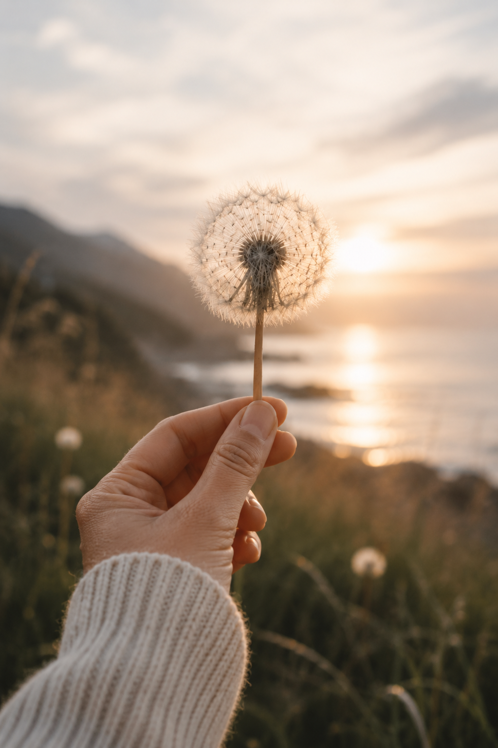 A hand holding a dandelion seed head in front of a sunset over the ocean with mountains and grass in the background.
