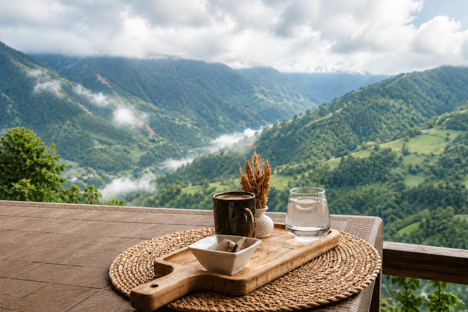 Coffee mug, glass of water, and snacks on a wooden tray with a scenic view of green rolling hills and mountains under cloudy sky.
