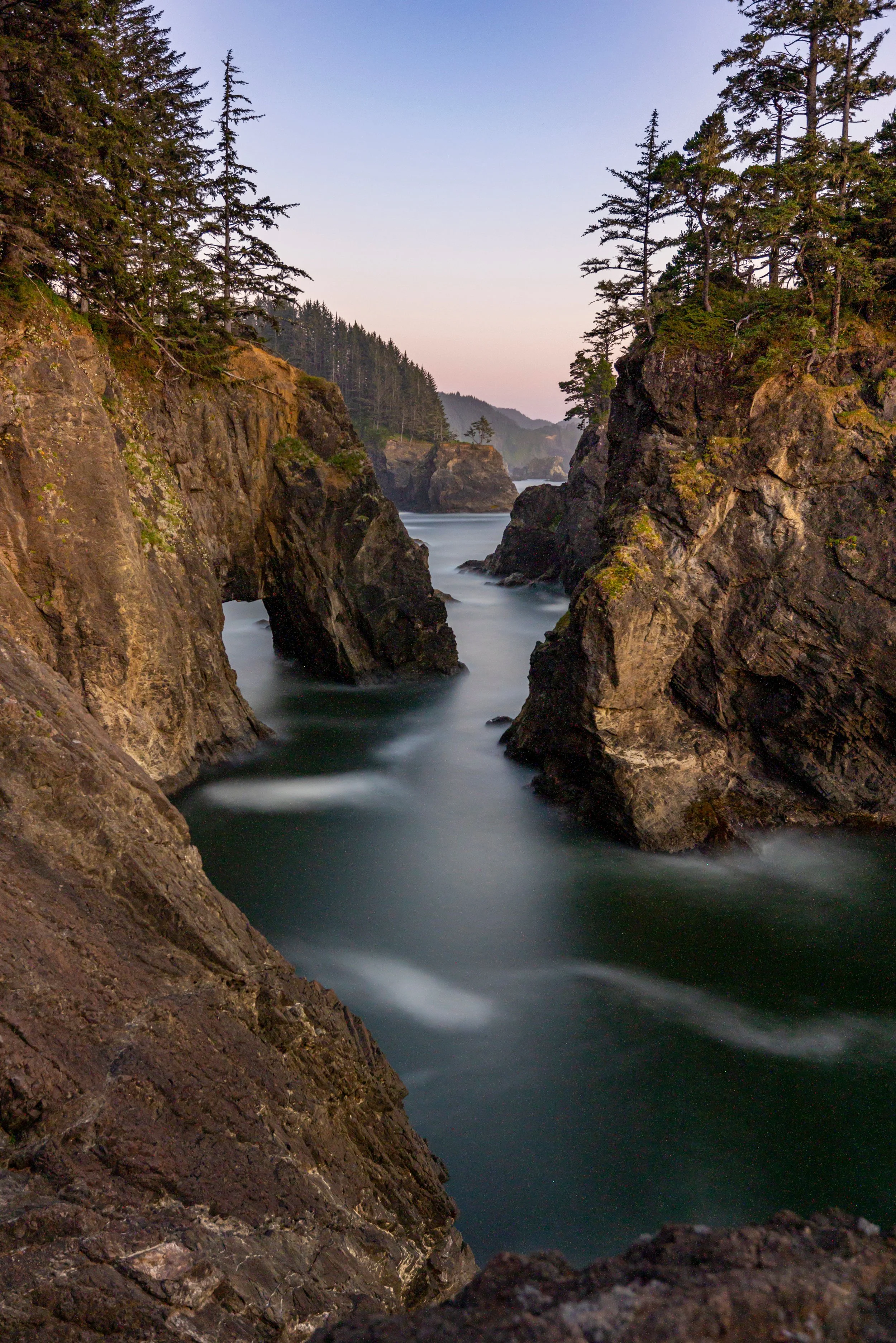 Coastal rocky cliffs with evergreen trees overlooking a narrow water channel, possibly during sunset or dawn.