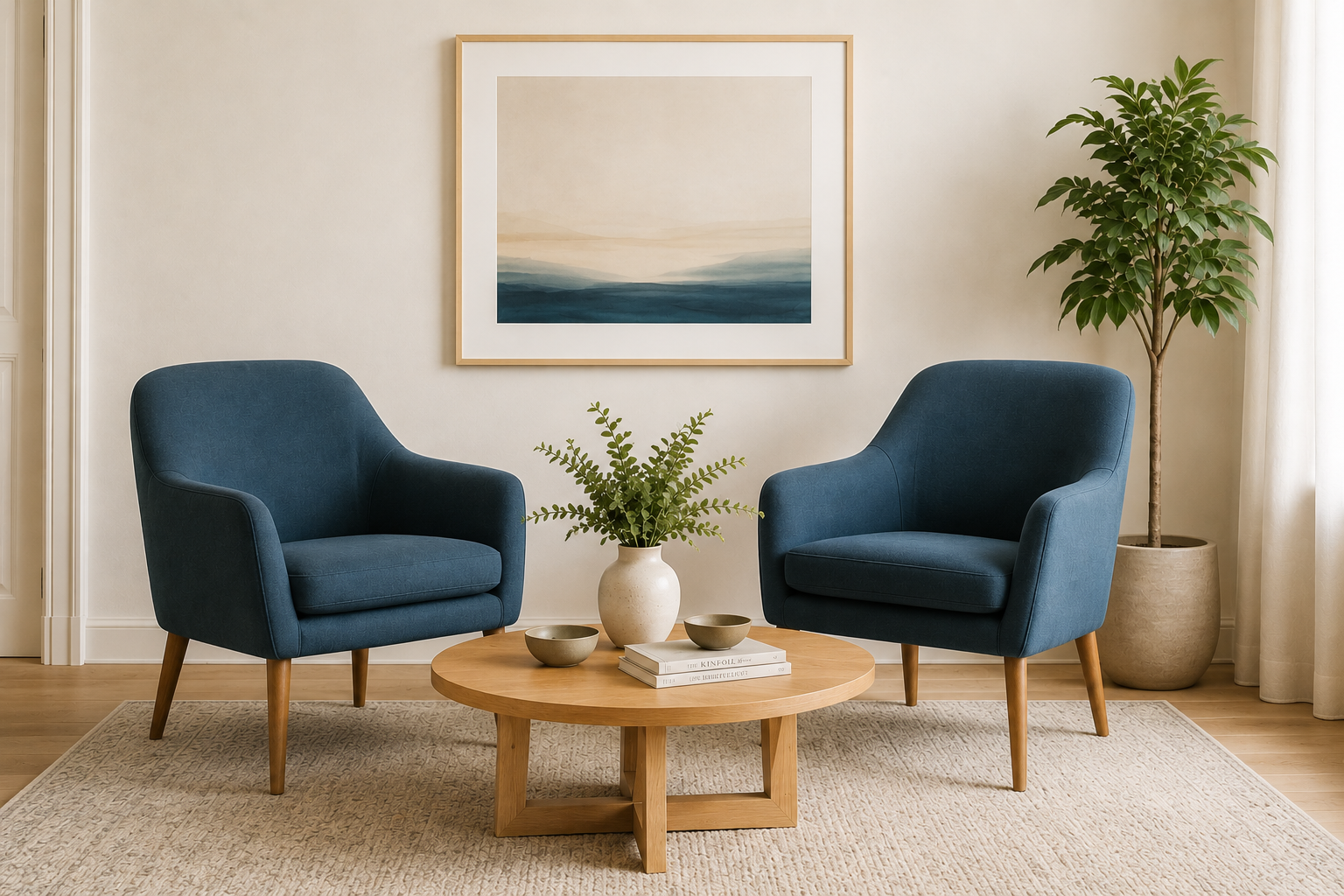 Living room with two blue armchairs, a round wooden coffee table with a white vase, green plant, two bowls, and a stack of books. A framed abstract painting hangs on the beige wall, and a potted tree is to the right near a window with curtains.
