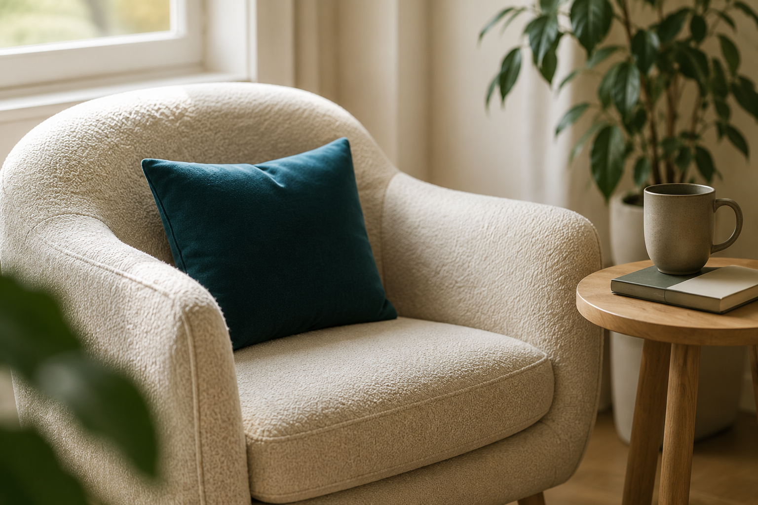 A cozy living room corner with a cream-colored textured armchair, a dark teal pillow, a small wooden side table with a gray mug, two closed books, a large green potted plant, and sunlight coming through a window with light-colored curtains.