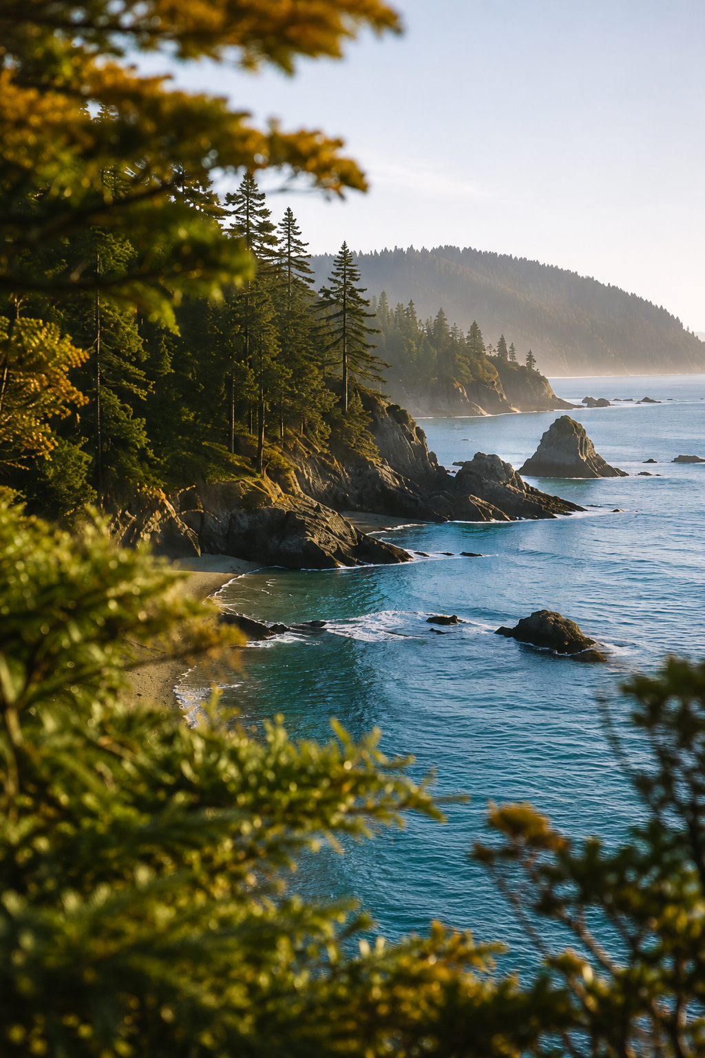 Coastal view of a waterfall and rocky shoreline with pine trees, cliffs, and ocean waves during sunset.