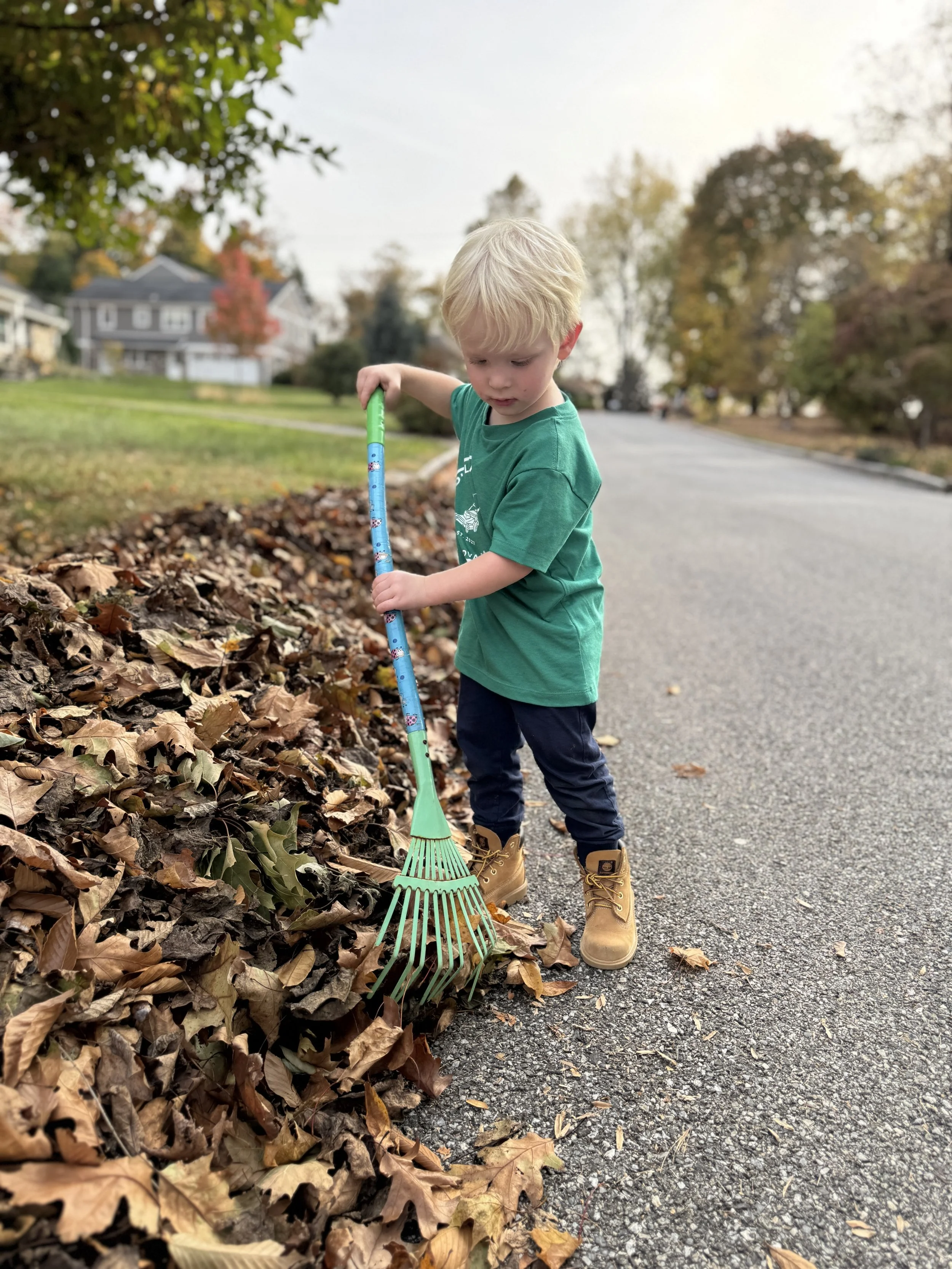 A young boy raking fallen leaves on the side of a suburban street during autumn, wearing a green shirt, dark pants, and tan boots.