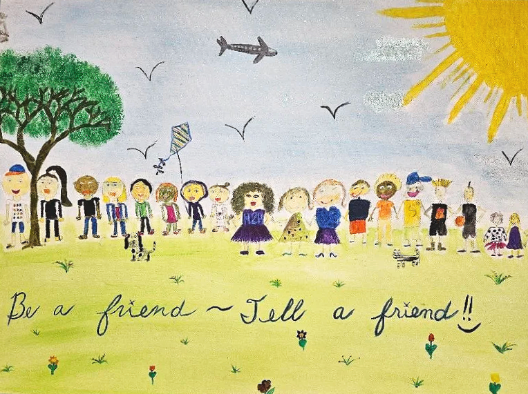 <img source='pic.gif' alt='Children and adults standing on a grassy field under a bright sun, with a tree, birds, a kite, and a plane in the sky. Handwritten message reads 'Be a friend - Tell a friend'.' />.
