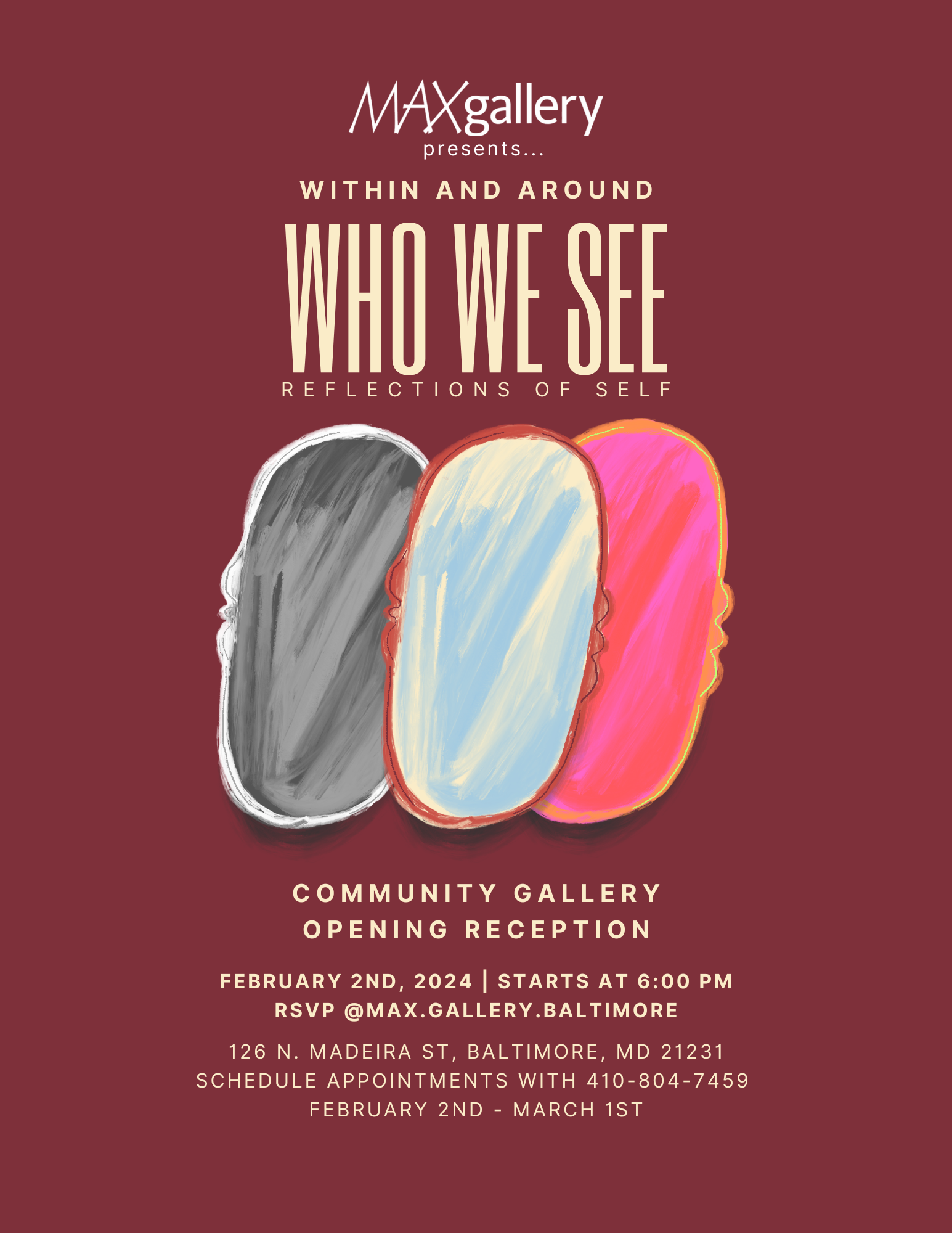Promotional poster for an art gallery event titled 'Within and Around Who We See: Reflections of Self' at MAX Gallery. Features three colorful mirror illustrations and event details including date, time, RSVP, location, and contact information.