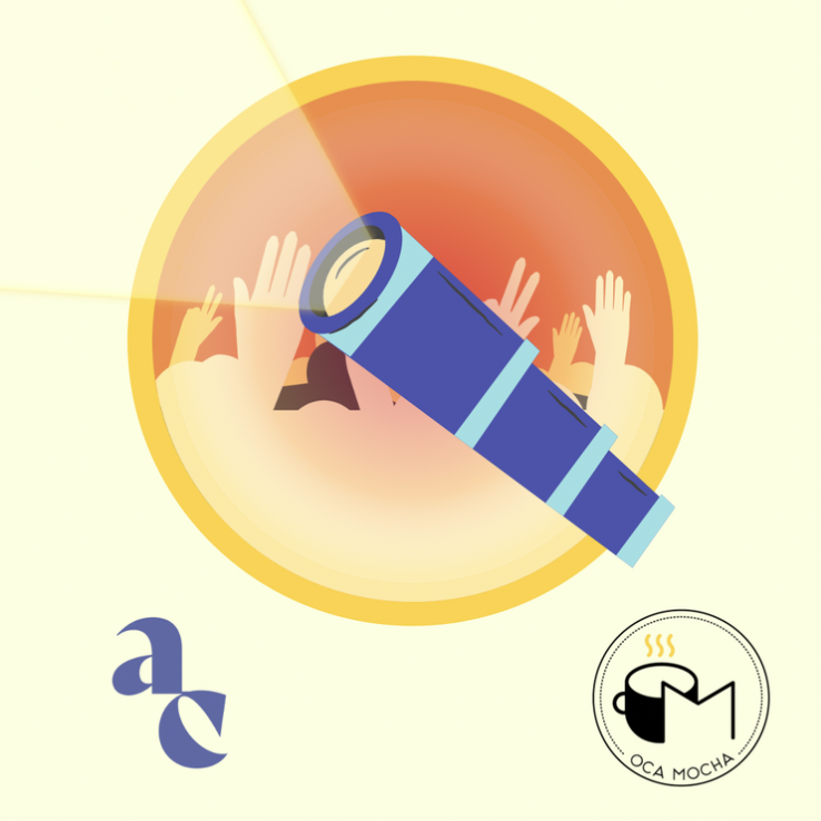 A group of people raising their hands with a telescope in the foreground, encircled by an orange-red gradient background.