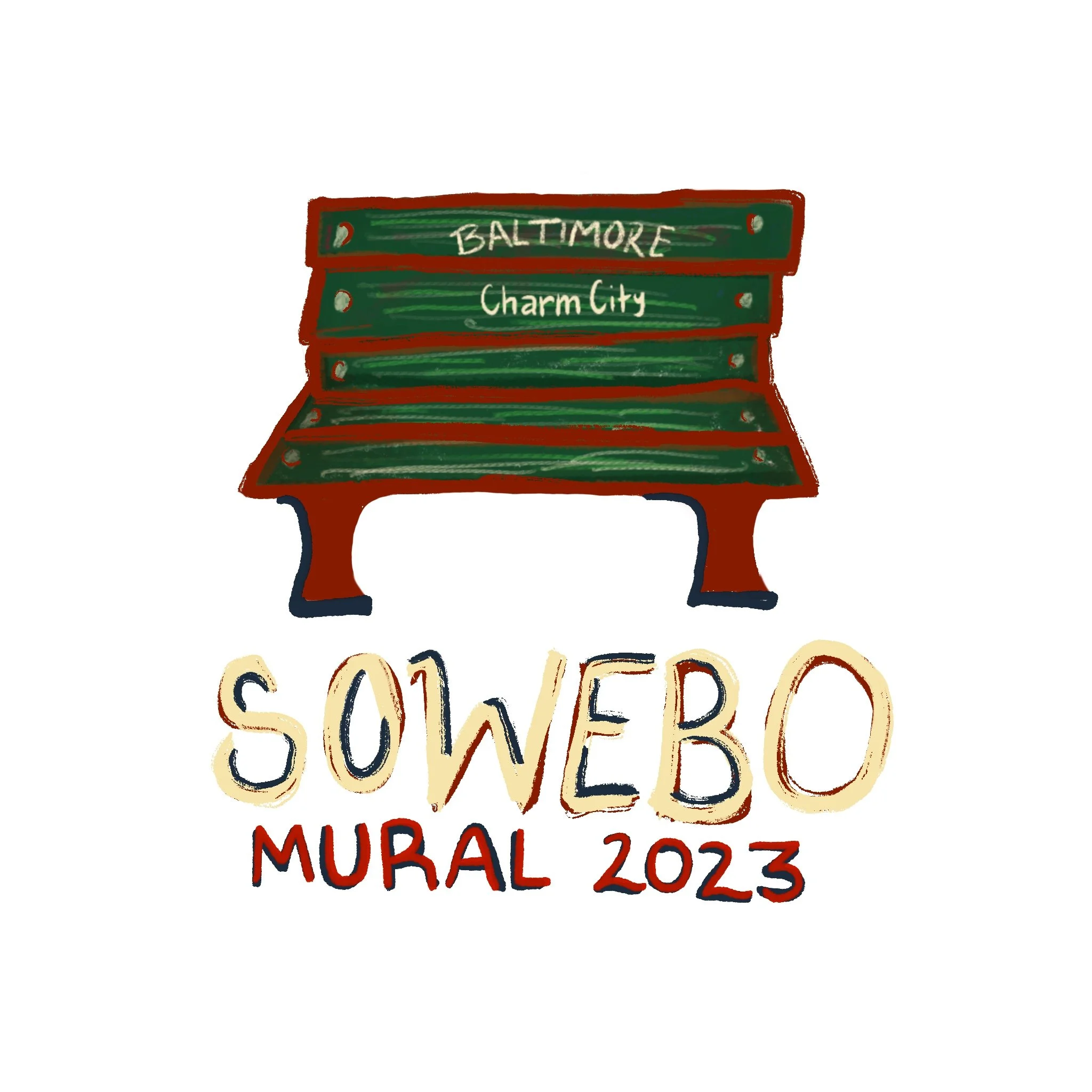 Illustration of a green park bench with red accents and two wooden slats with the words 'BALTIMORE' and 'Charm City' written on the backrest. Below the bench, the text 'SOWEBO MURAL 2023' is displayed in multicolored letters.