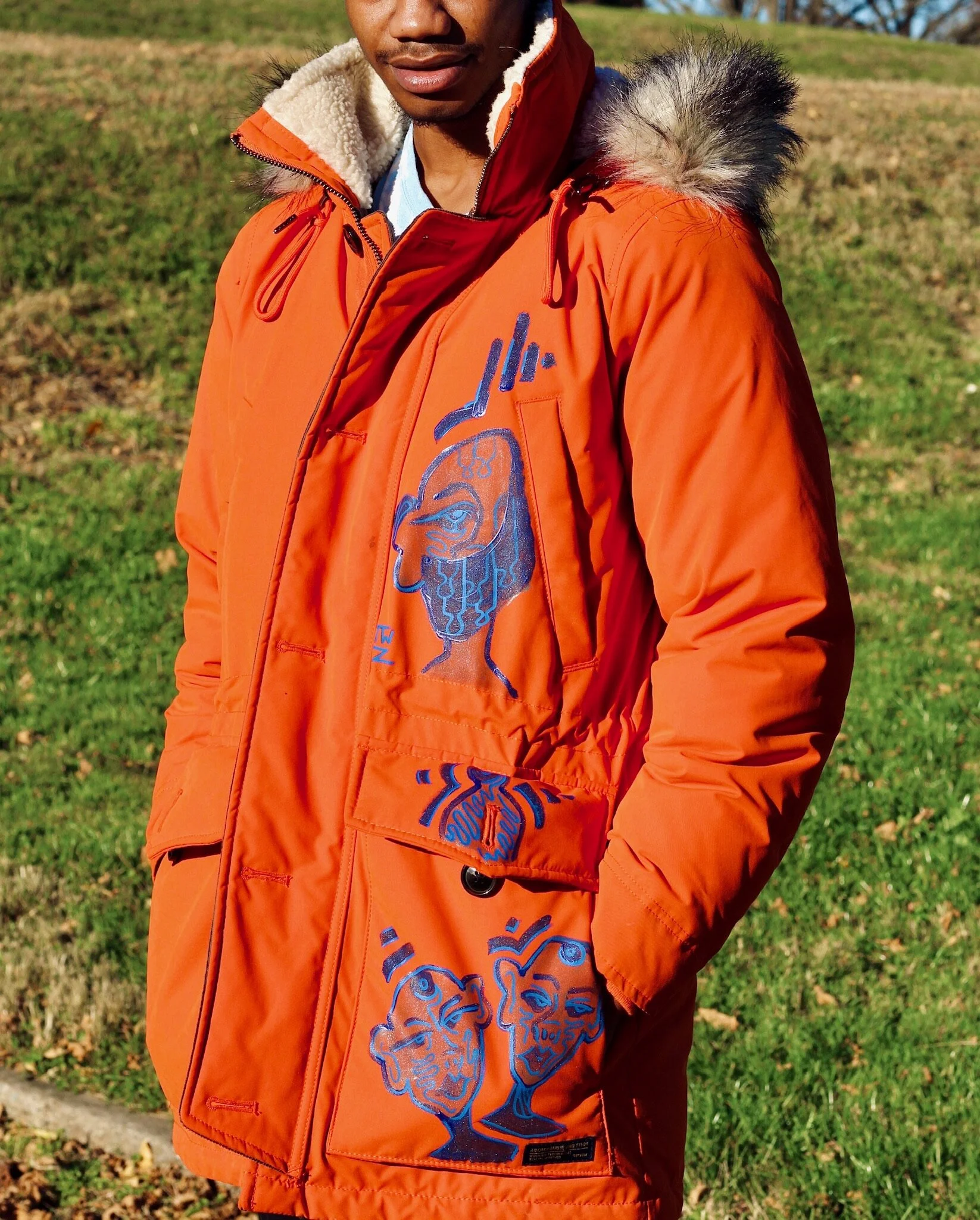 Poe in Mask On Winter Coat