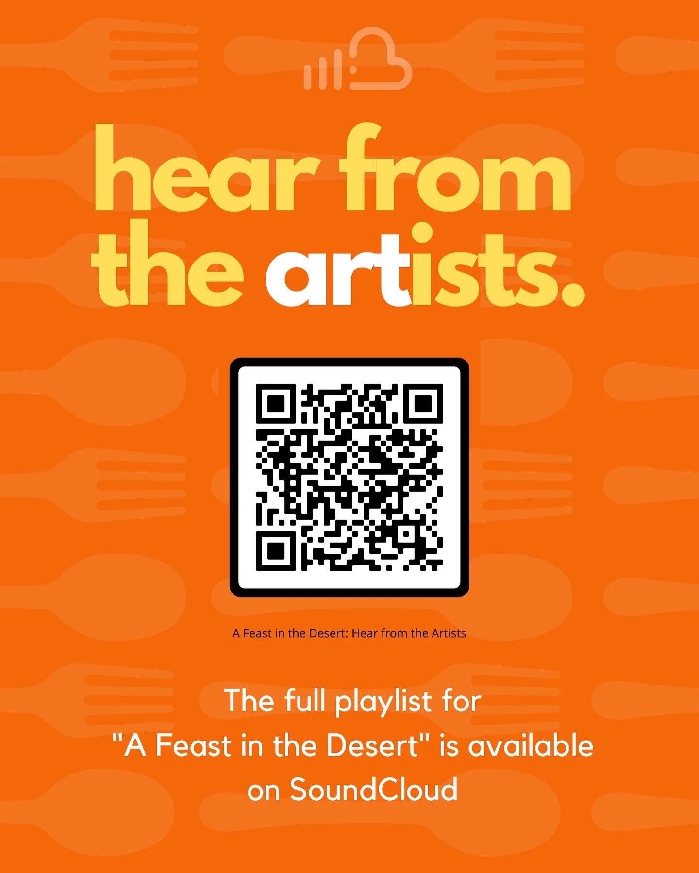 Orange promotional poster with the text 'hear from the artists.' and a QR code in the center. The background has a pattern of abstract shapes and a small cloud icon at the top.