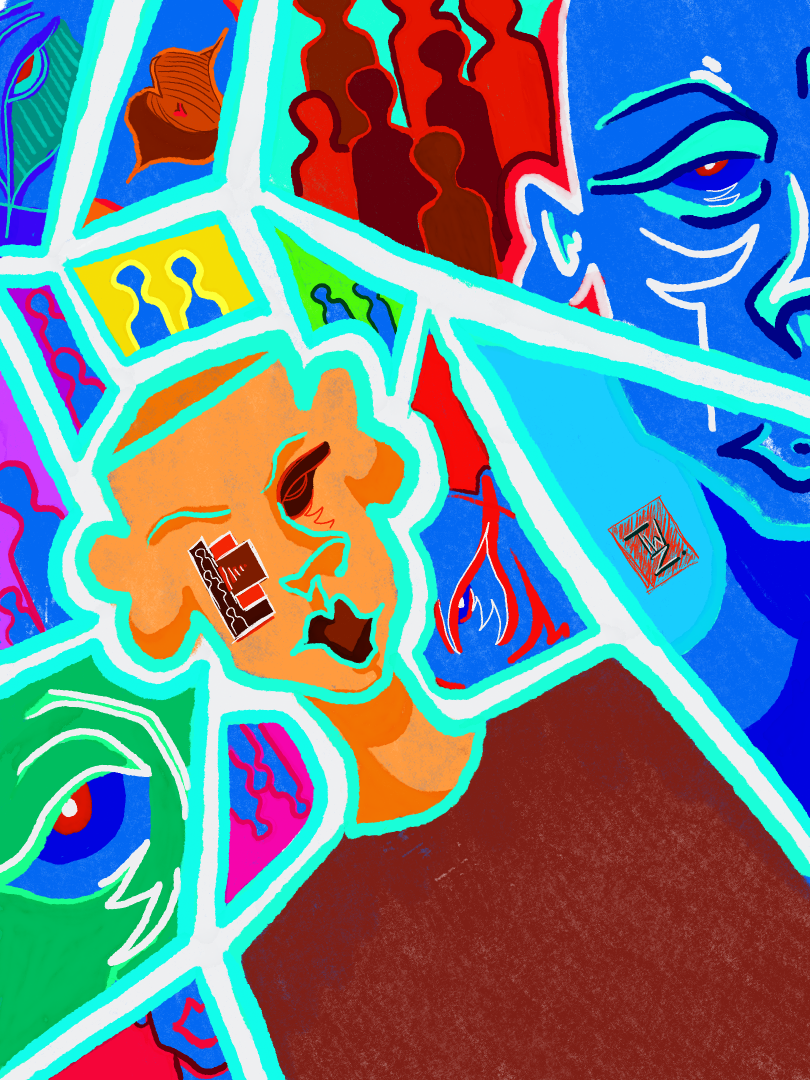A colorful abstract illustration featuring outlined faces, eyes, and figures with vibrant colors such as blue, red, green, and orange, divided into irregular segments with white outlines.