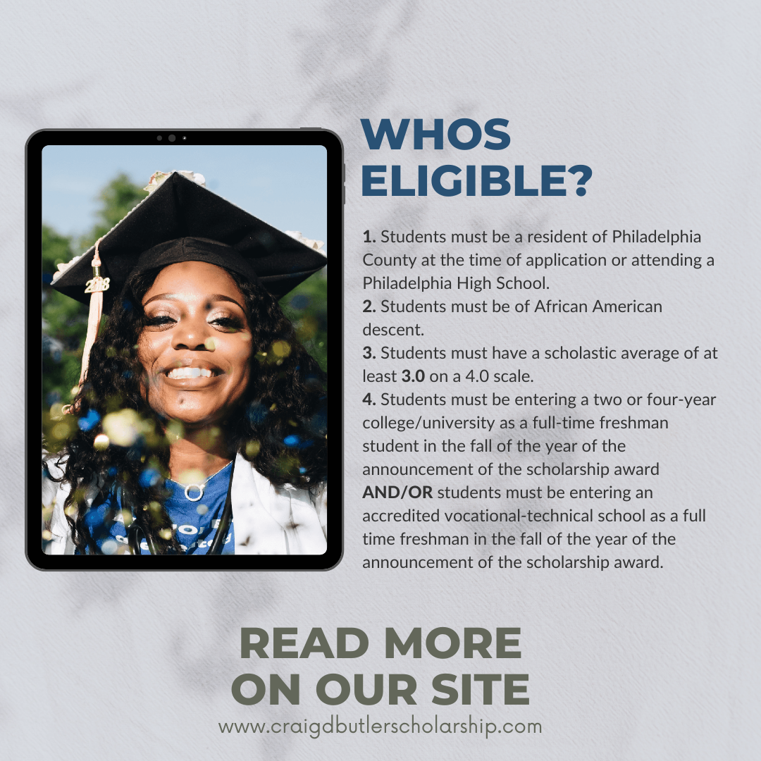 A woman in a graduation cap and gown smiling for a photo on a tablet screen. To the right, text provides eligibility criteria for a scholarship, including residency, descent, academic achievement, and college enrollment requirements. The background i