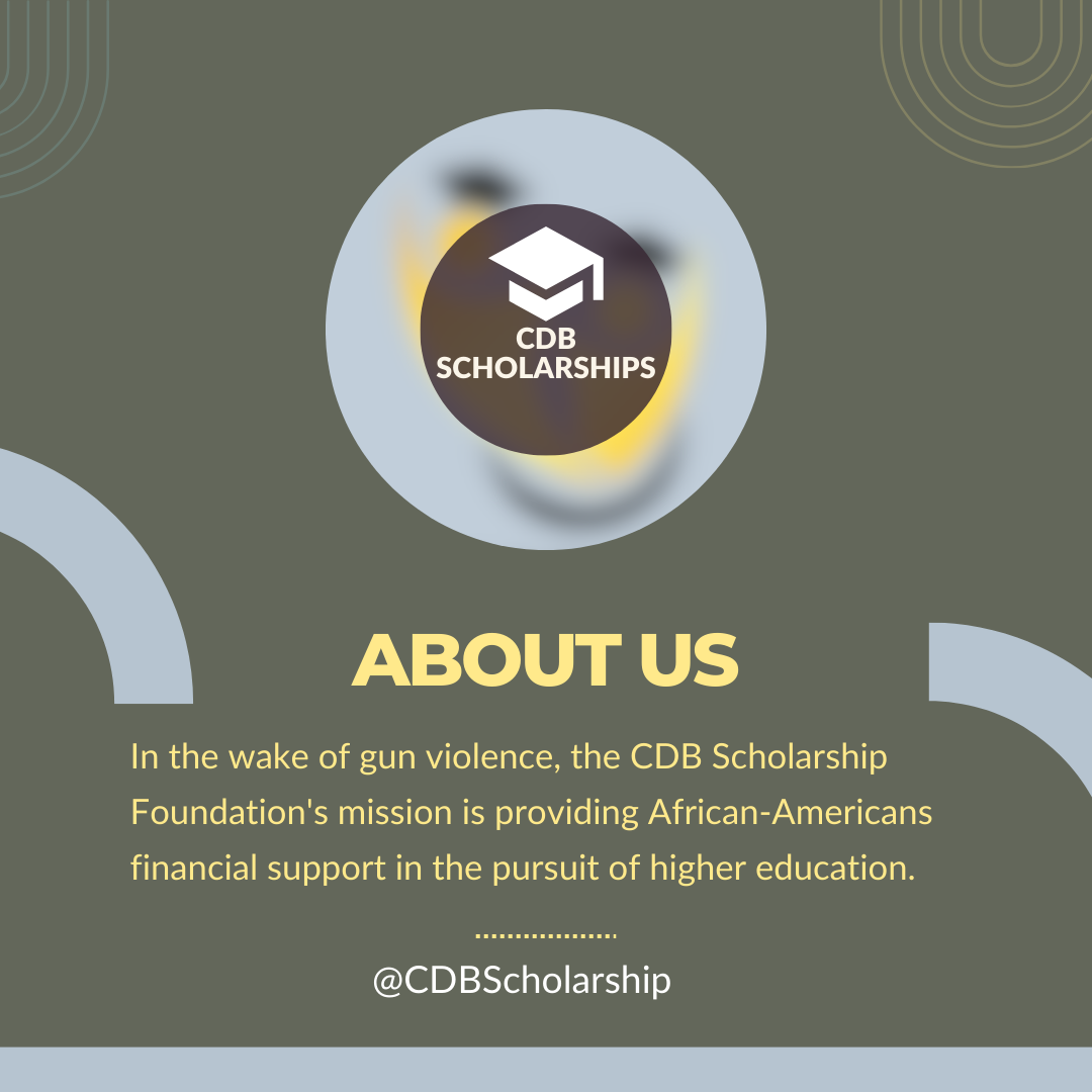 A digital graphic with a dark green background and abstract shapes, featuring the CDB Scholarship logo, an icon of a graduation cap, and text about providing financial support to African-Americans for higher education.