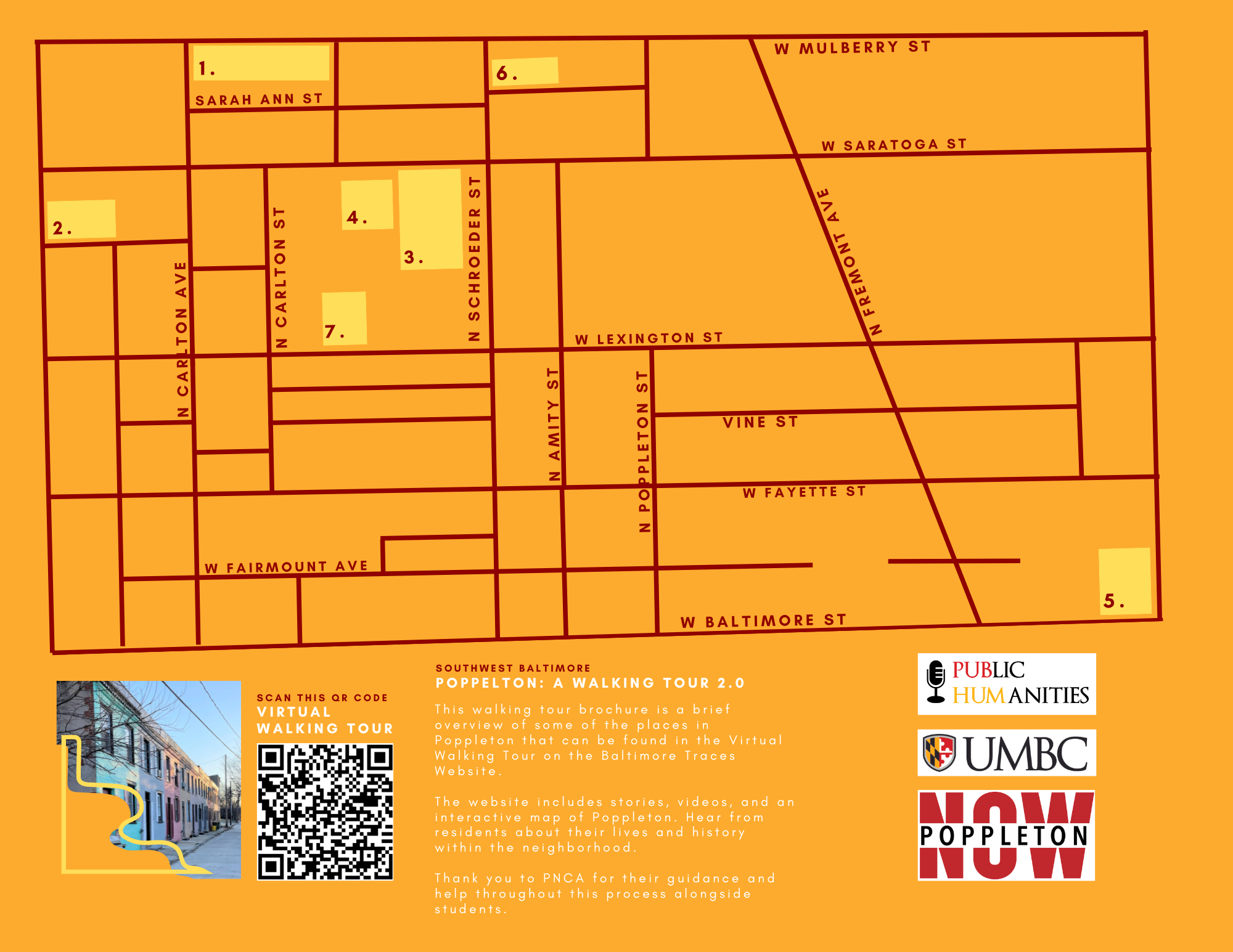 Map of Poppleton, Maryland, showing streets and numbered locations, with a QR code and informational text about a virtual walking tour by UMBC and Public Humanities.