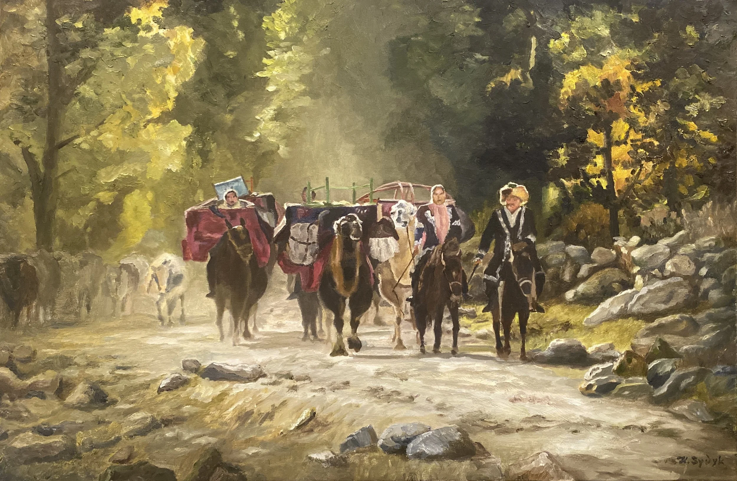 A painting depicting a group of horses pulling a buggy with three women and children through a wooded area with tall trees and rocks.