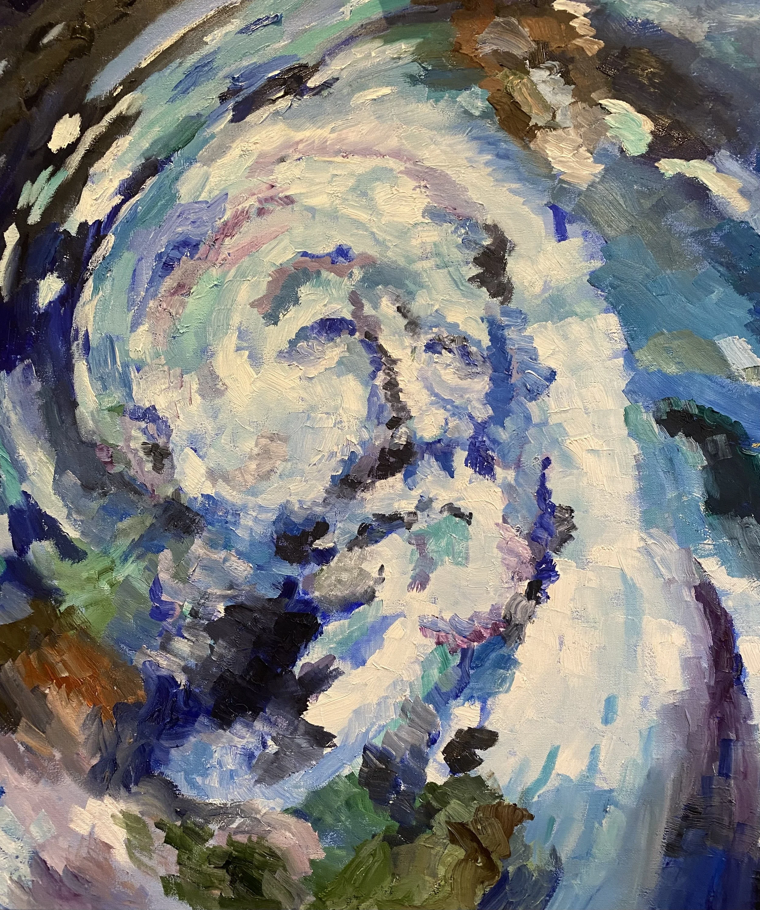 A colorful, abstract painting of a person's face with expressive brushstrokes, featuring shades of blue, green, brown, pink, and white.