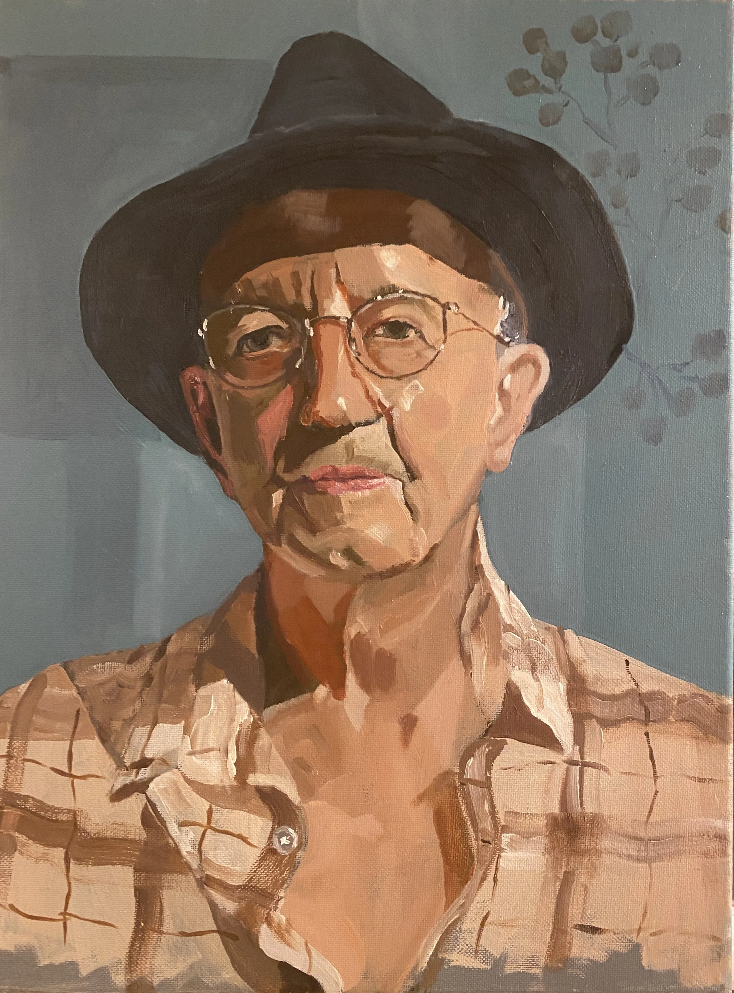 Painting of an elderly person wearing glasses, a striped shirt, and a wide-brimmed hat.