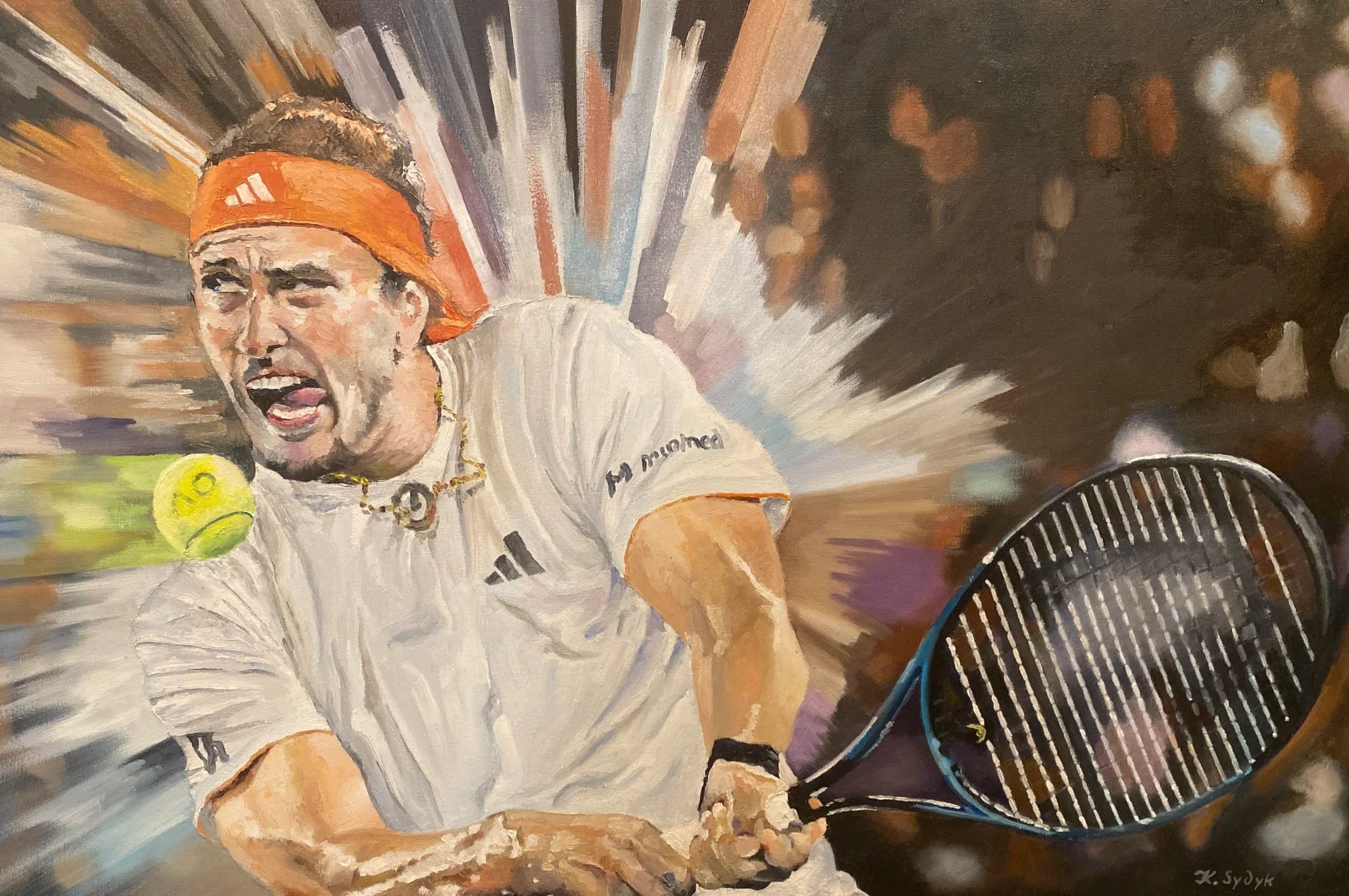 A painting of a tennis player with a headband, holding a racket, in a dynamic pose on a court. The background has abstract streaks and colorful circles.