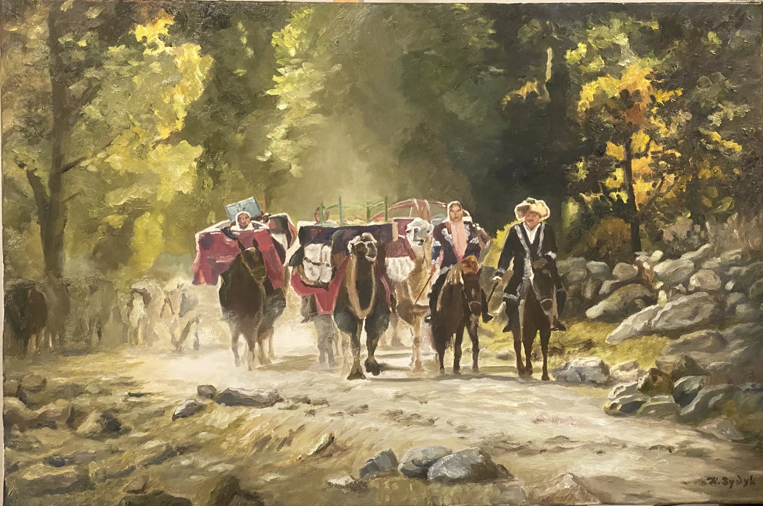 A painting of a rural scene with several people, horses, and carriages on a dirt path surrounded by trees with green and yellow leaves, with sunlight filtering through the trees.