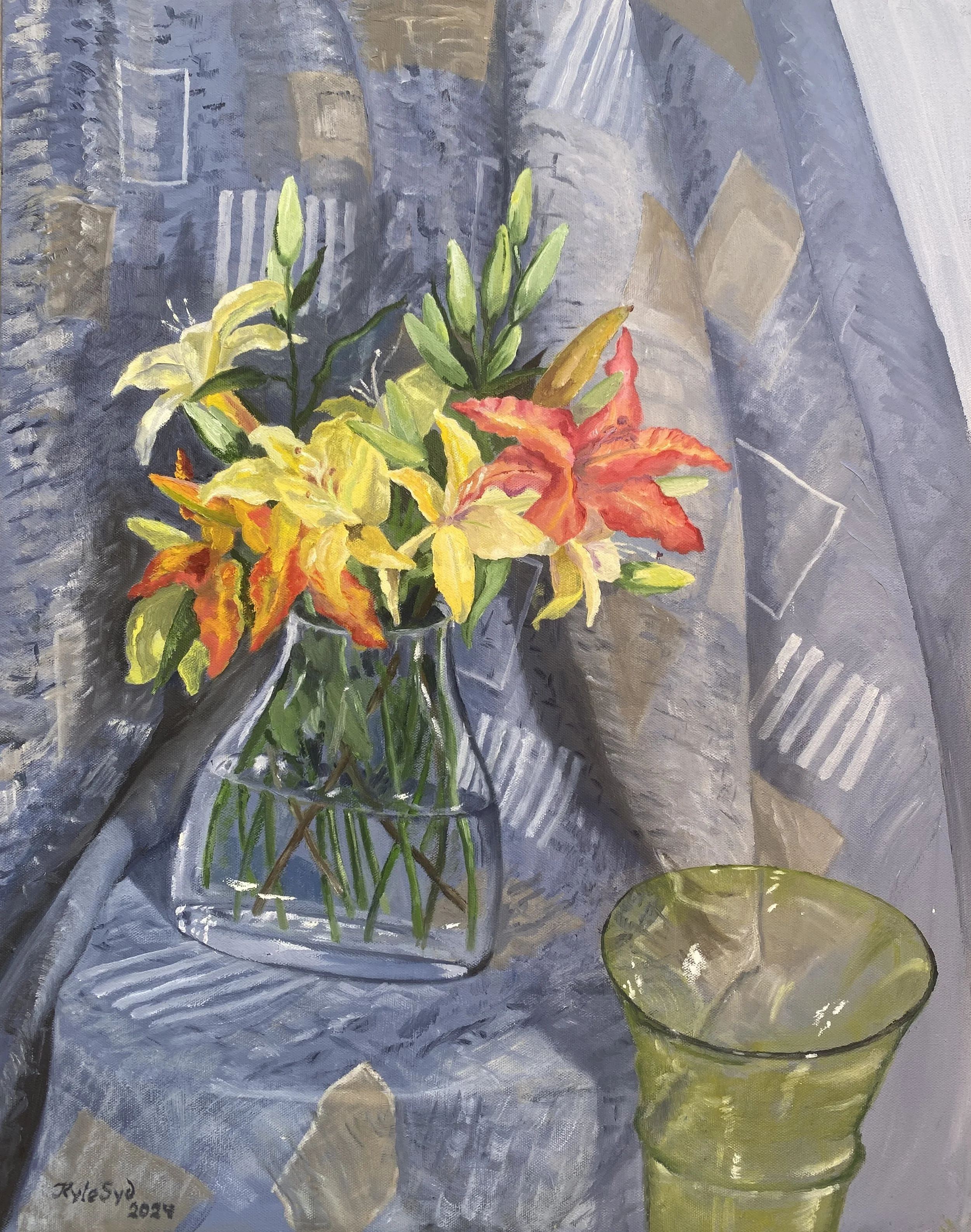 A still life painting of a glass vase with yellow, orange, and white lilies, green buds, and leaves, placed on a painterly blue and beige fabric background with a water lily plant in a green pot.