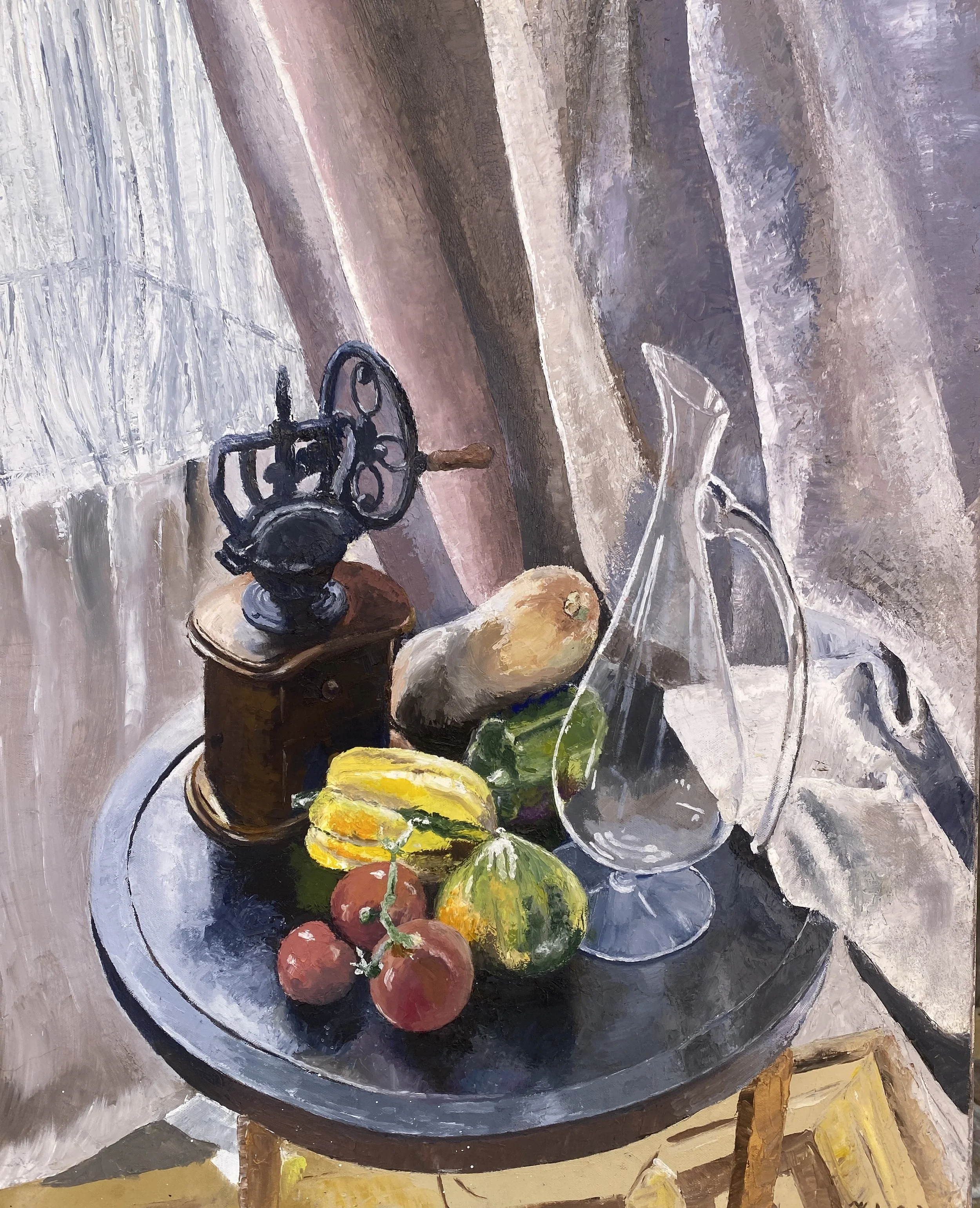A still life painting of a table with various fruits, a black vintage desk clock, a glass and several glasses, placed on a silver tray, with a cloth and some paper in the background.