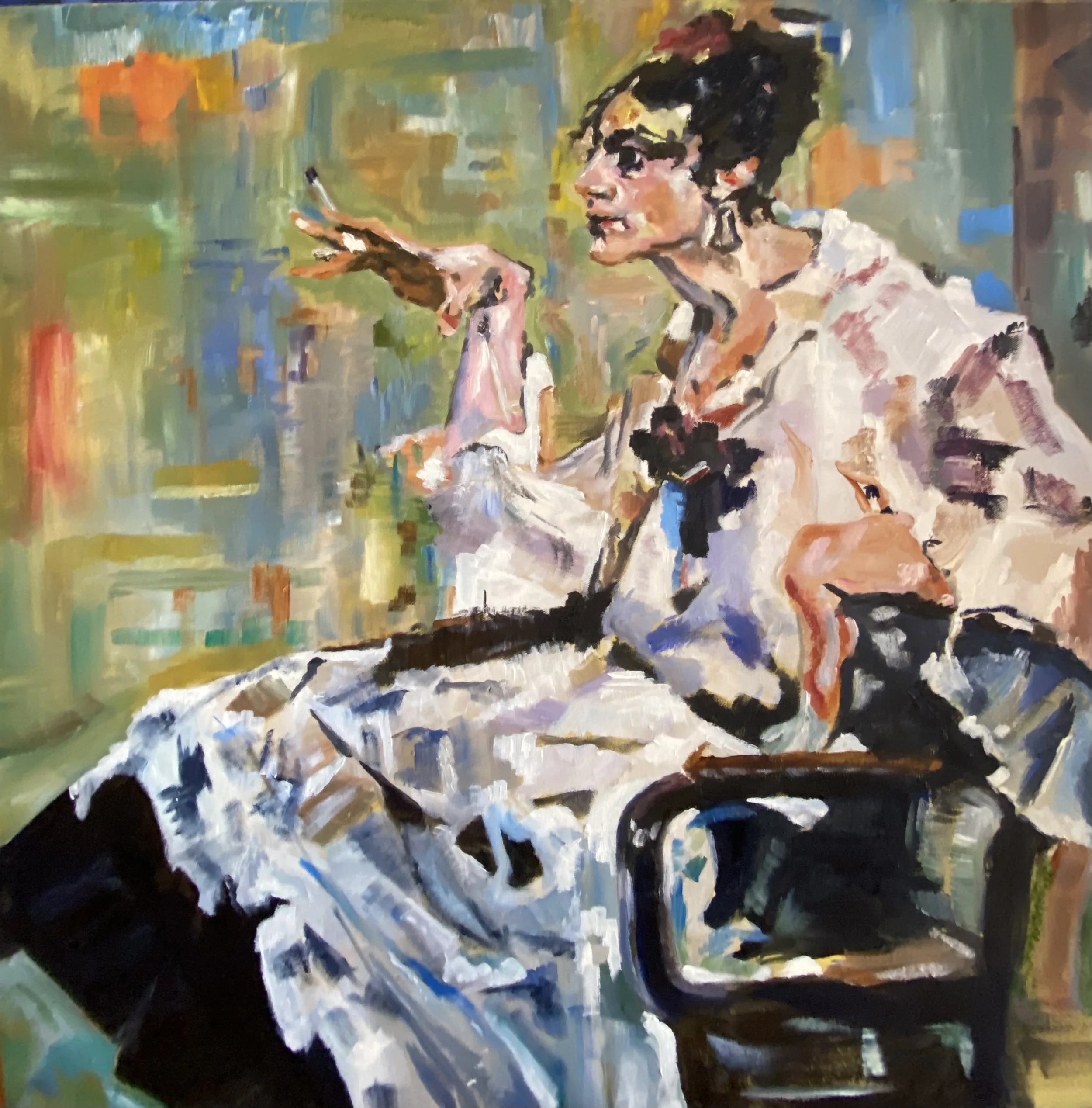 Woman with Cigarette, copy from Fechin's original work, 30"x40", oil on canvas (private collection)