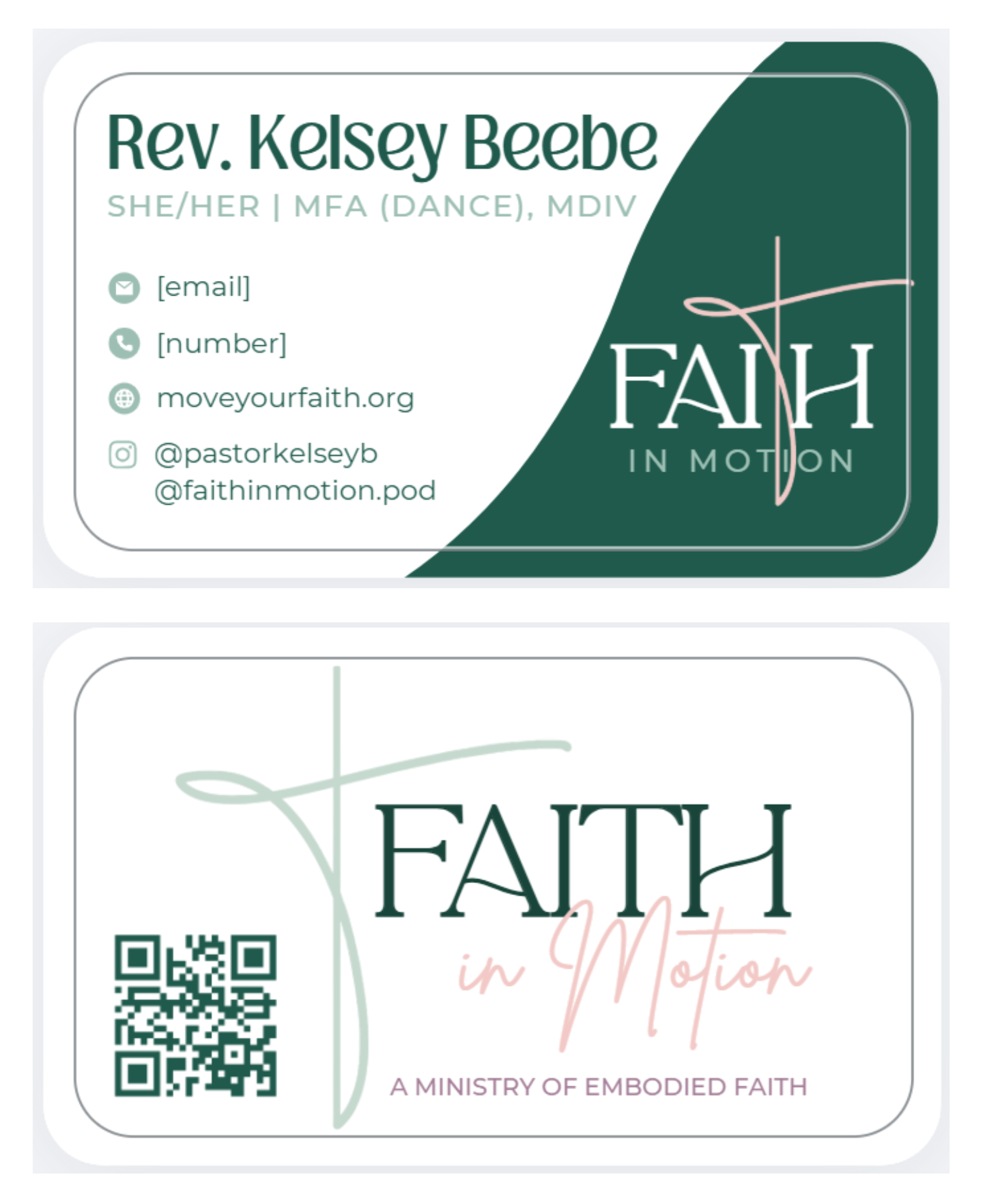 Business card for Reverend Kelsey Beebe, with contact information including email, phone number, website, and social media handles, and the logo for Faith in Motion which features a cross and a QR code.