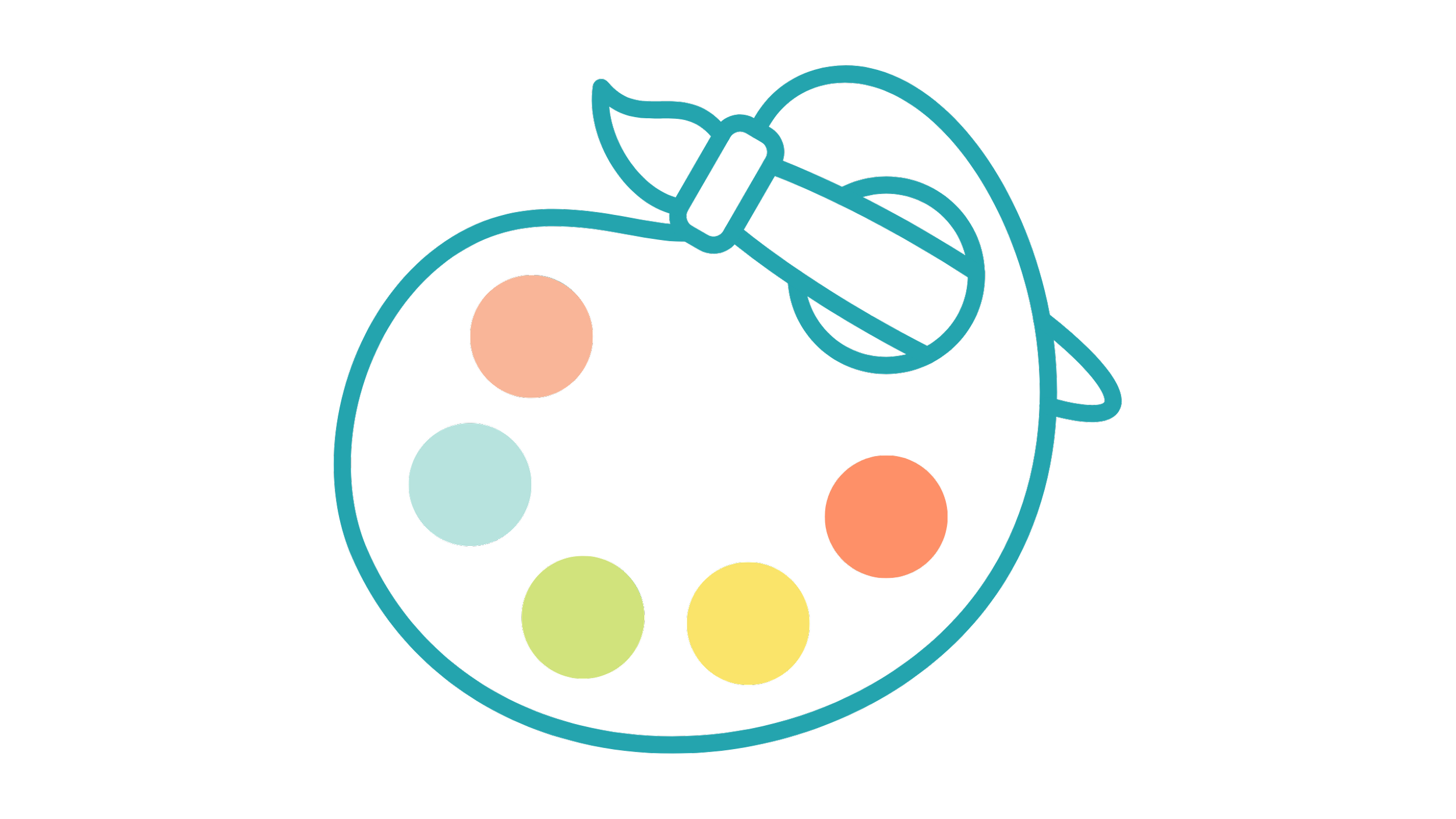 A stylized drawing of a paint palette, containing six colorful paints of various sizes and colors, set against a white background.