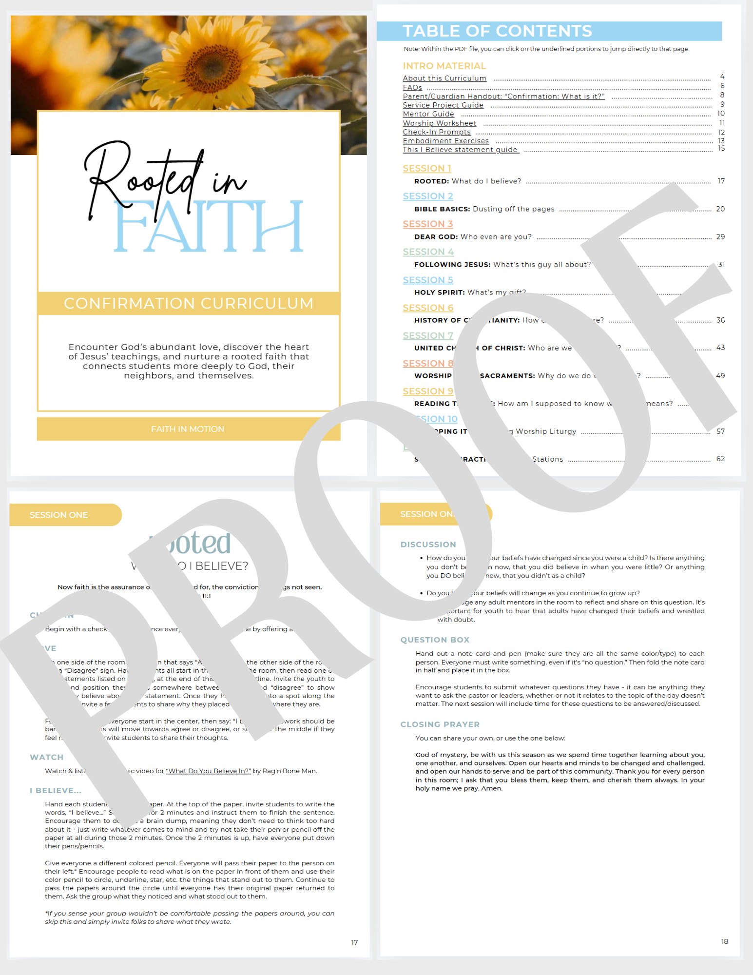 Table of contents page from a faith-based curriculum booklet with a sunflower background, featuring sections on faith, belief, who God is, Jesus, Holy Spirit, church history, and worship practices.